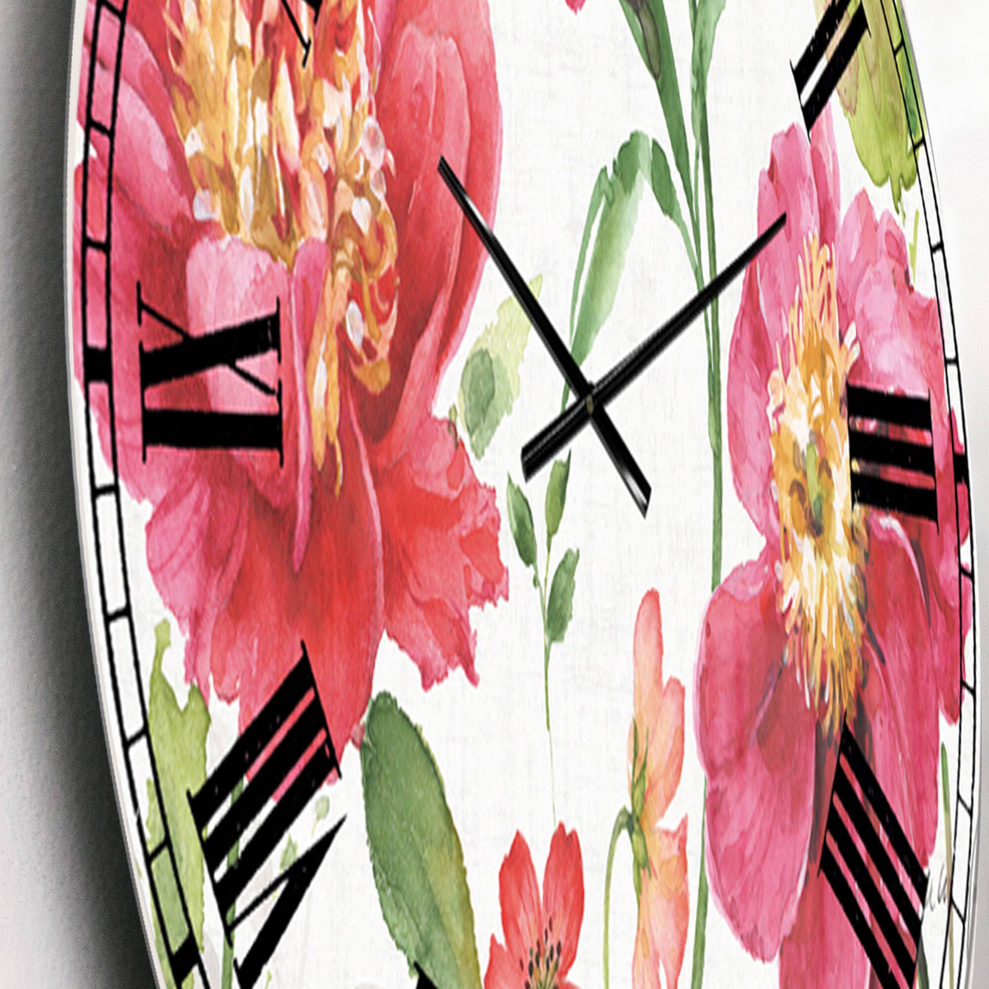 Designart &#x27;Red Springflowers And Handpainted Butterfly Traditional Wall Clock