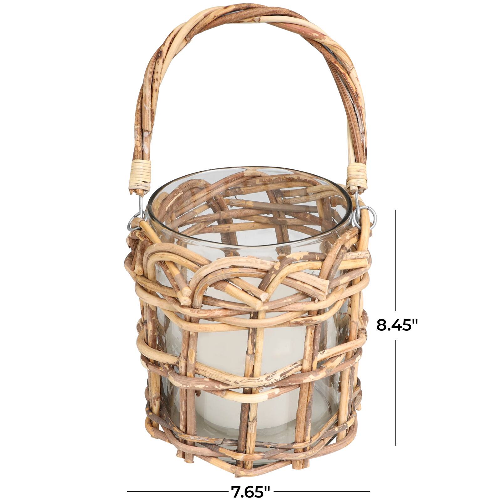 8" Clear Glass Handmade Candle Lantern with Brown Rattan Woven Exterior & Twisted Handle