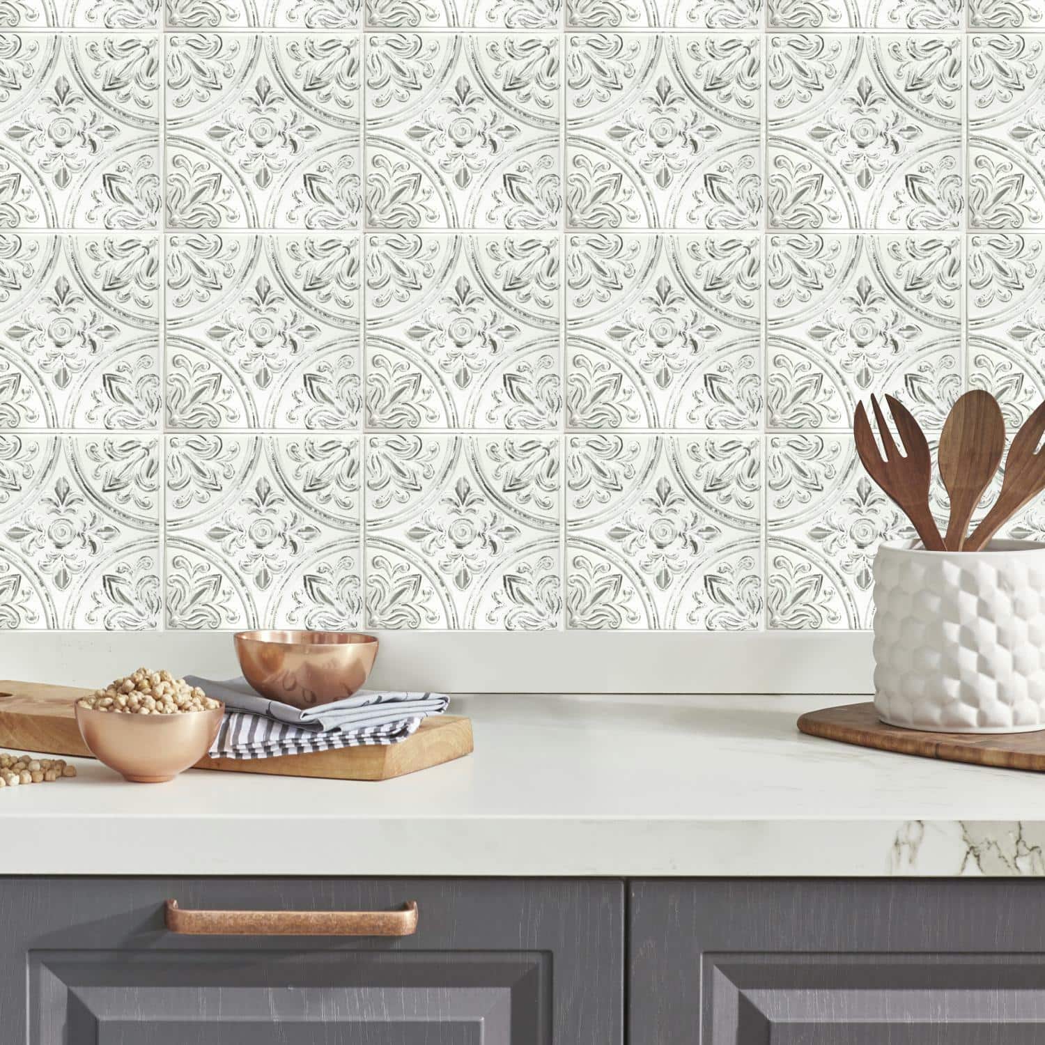 RoomMates White Tin Peel &#x26; Stick Tile Backsplash StickTiles&#xAE;