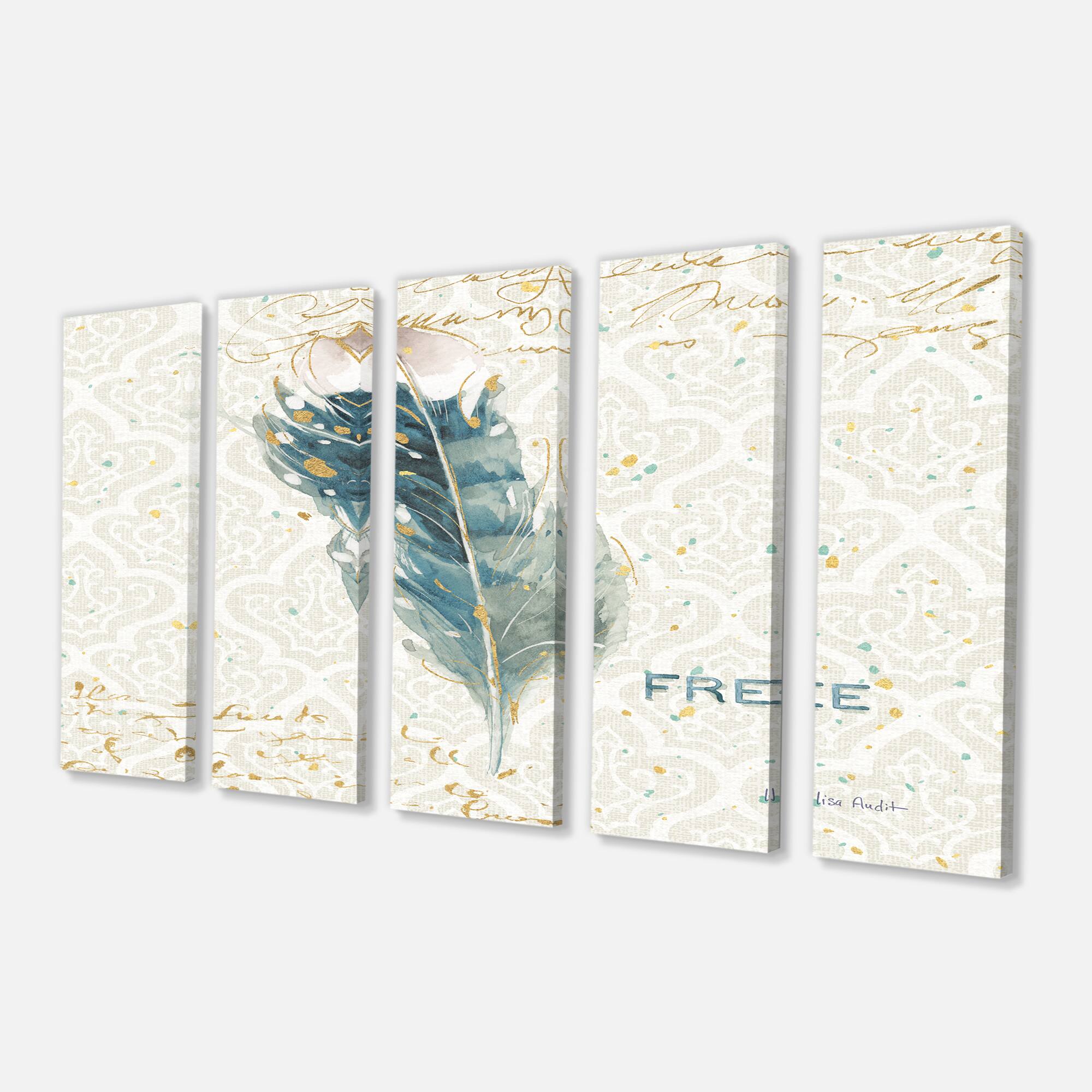 Designart - Damask Painted Gilded Feather on Blue - Nautical & Coastal Canvas Art