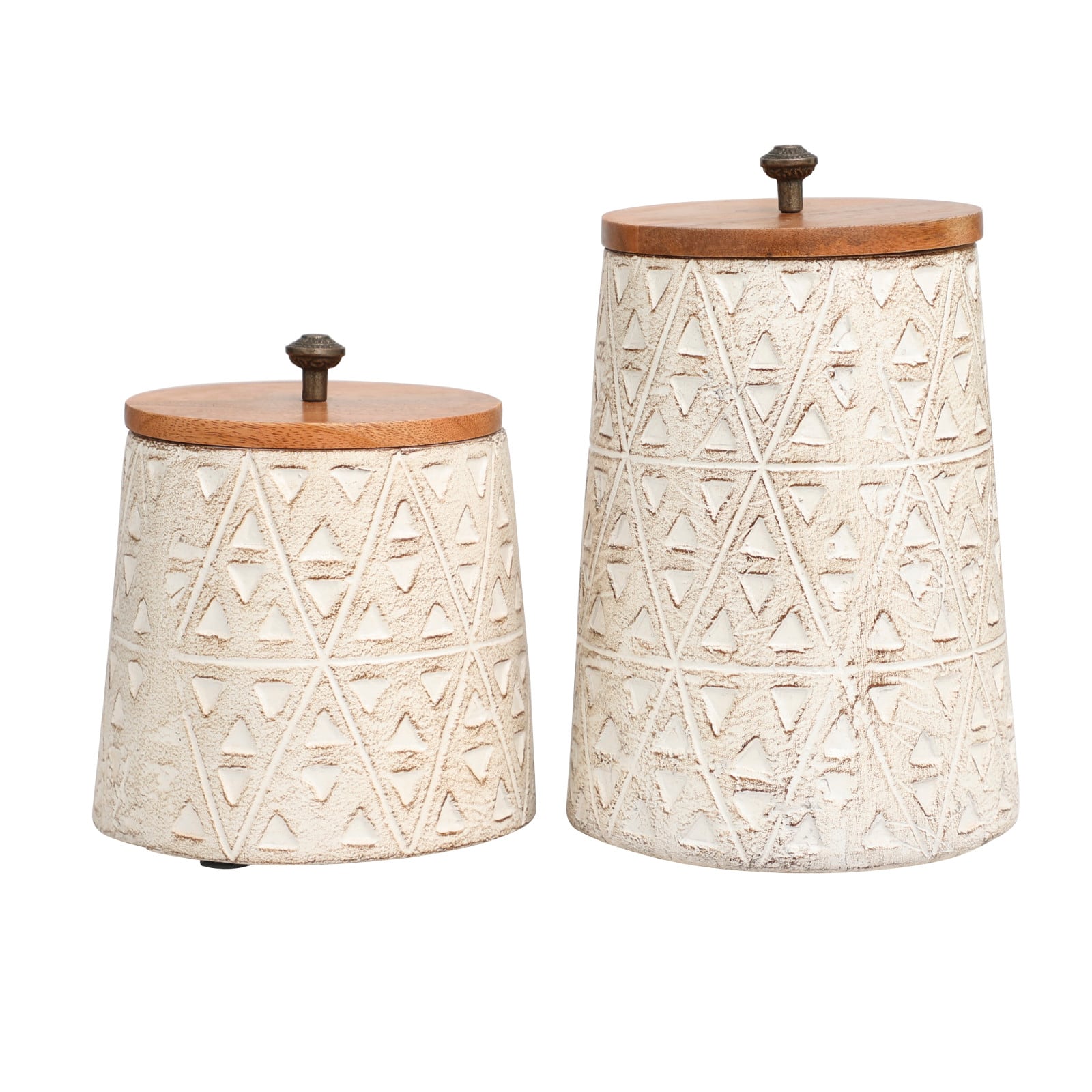 Cream Paper Mache Handmade Carved Triangle Tribal Canisters with Removable Lids Set