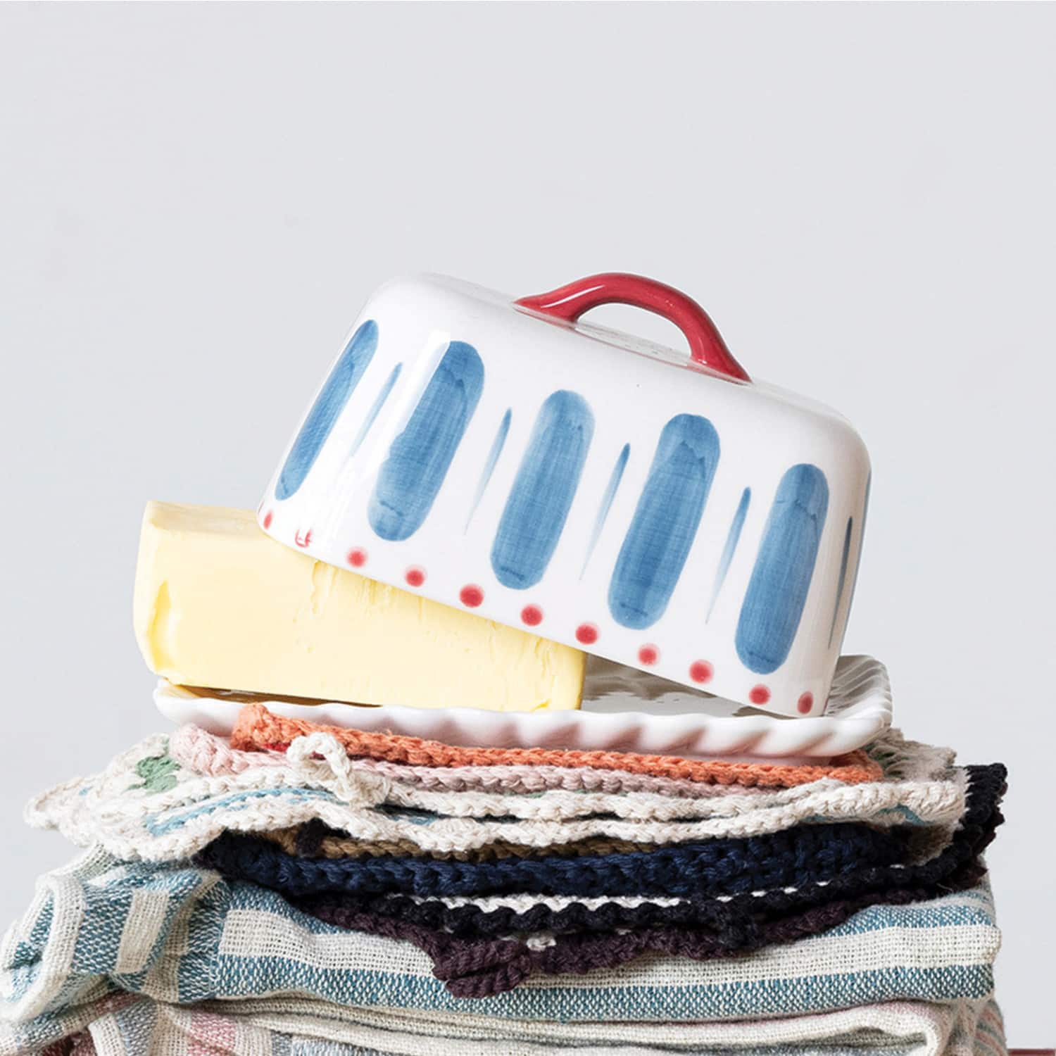 Hello Honey® 6.75" White, Red & Blue Hand-Painted Stoneware Butter Dish