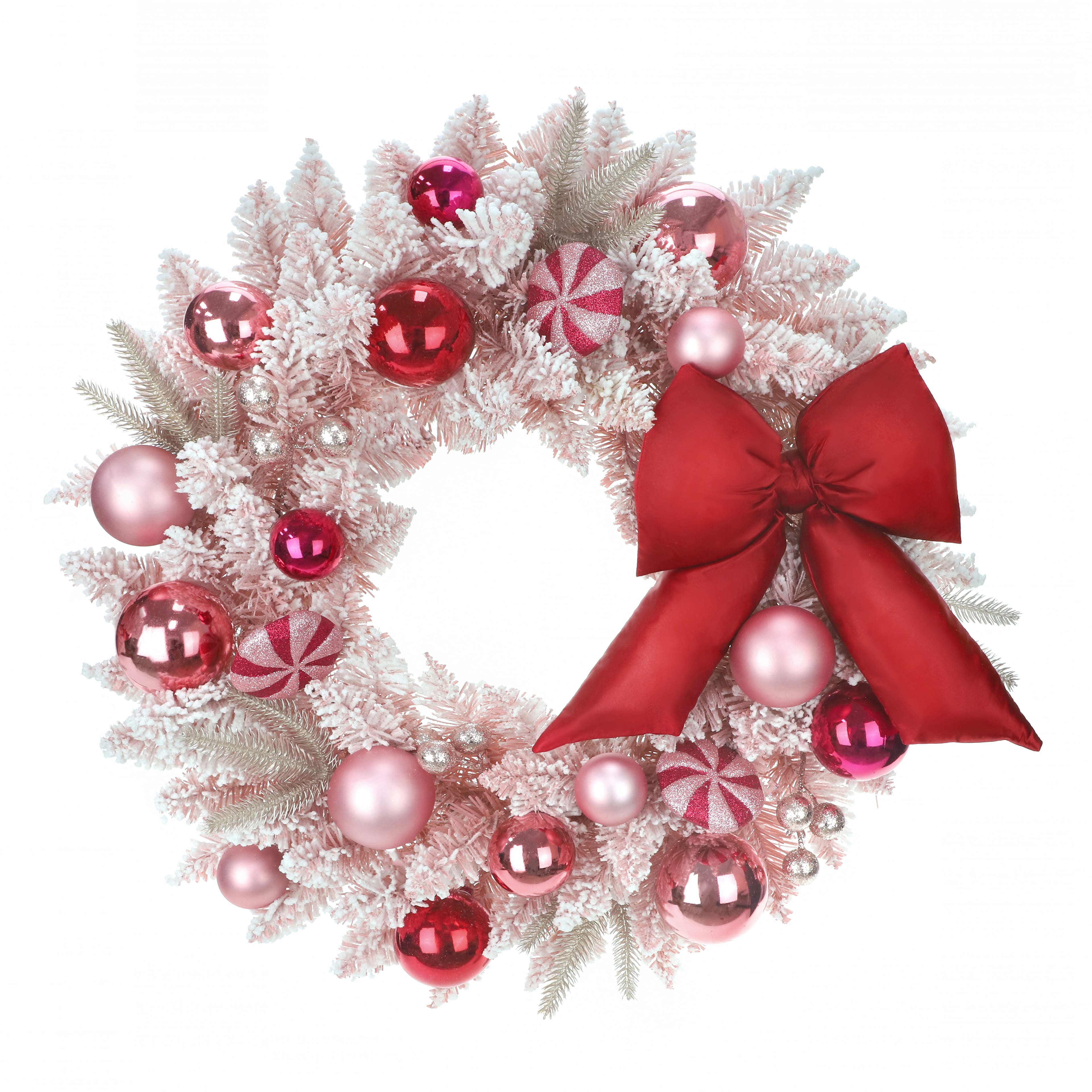 24" Pink Ornament & Flocked Pine Wreath with Red Bow by Ashland®