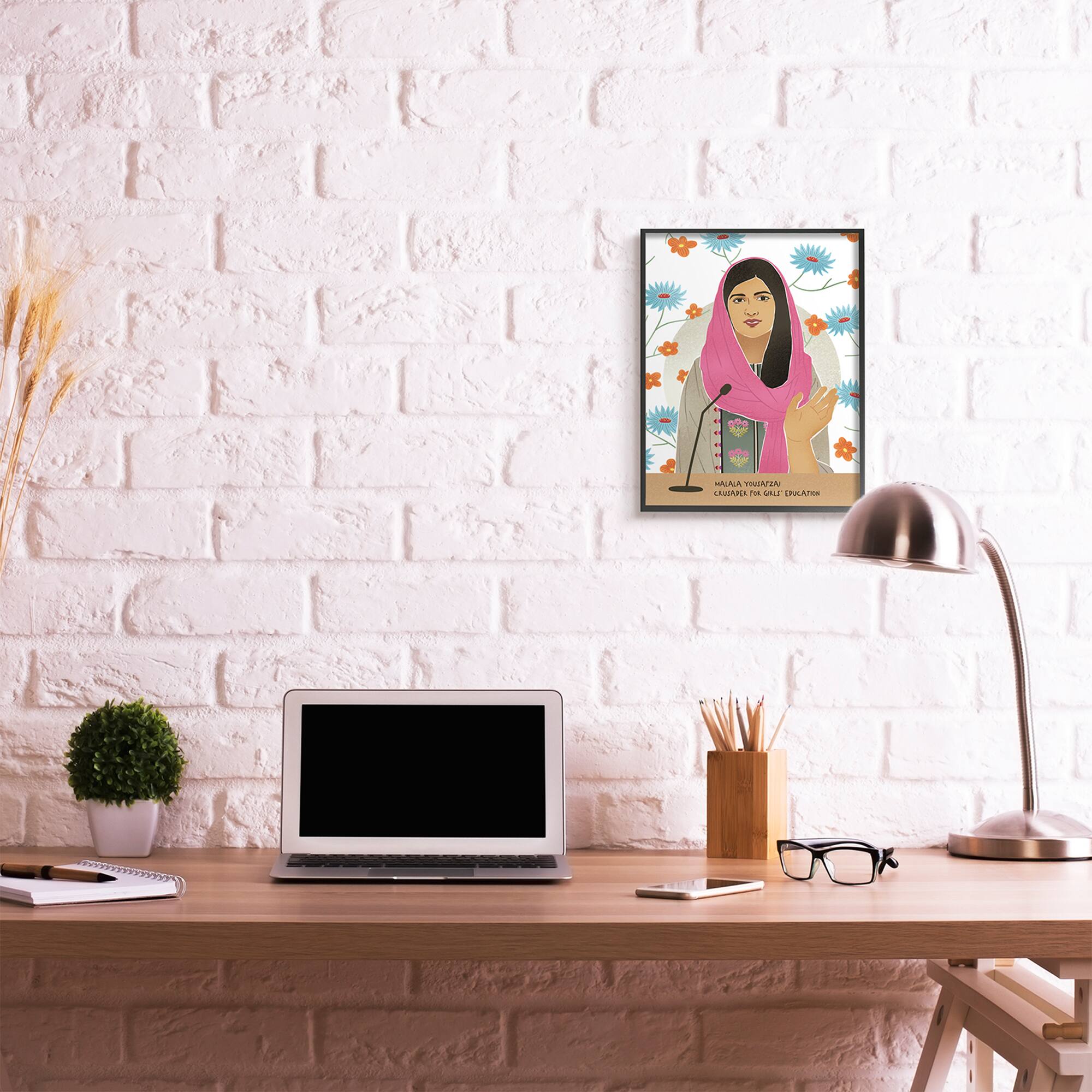Stupell Industries Malala Yousafzai Speech Over Blue &#x26; Orange Flowers Wall Art in Black Frame
