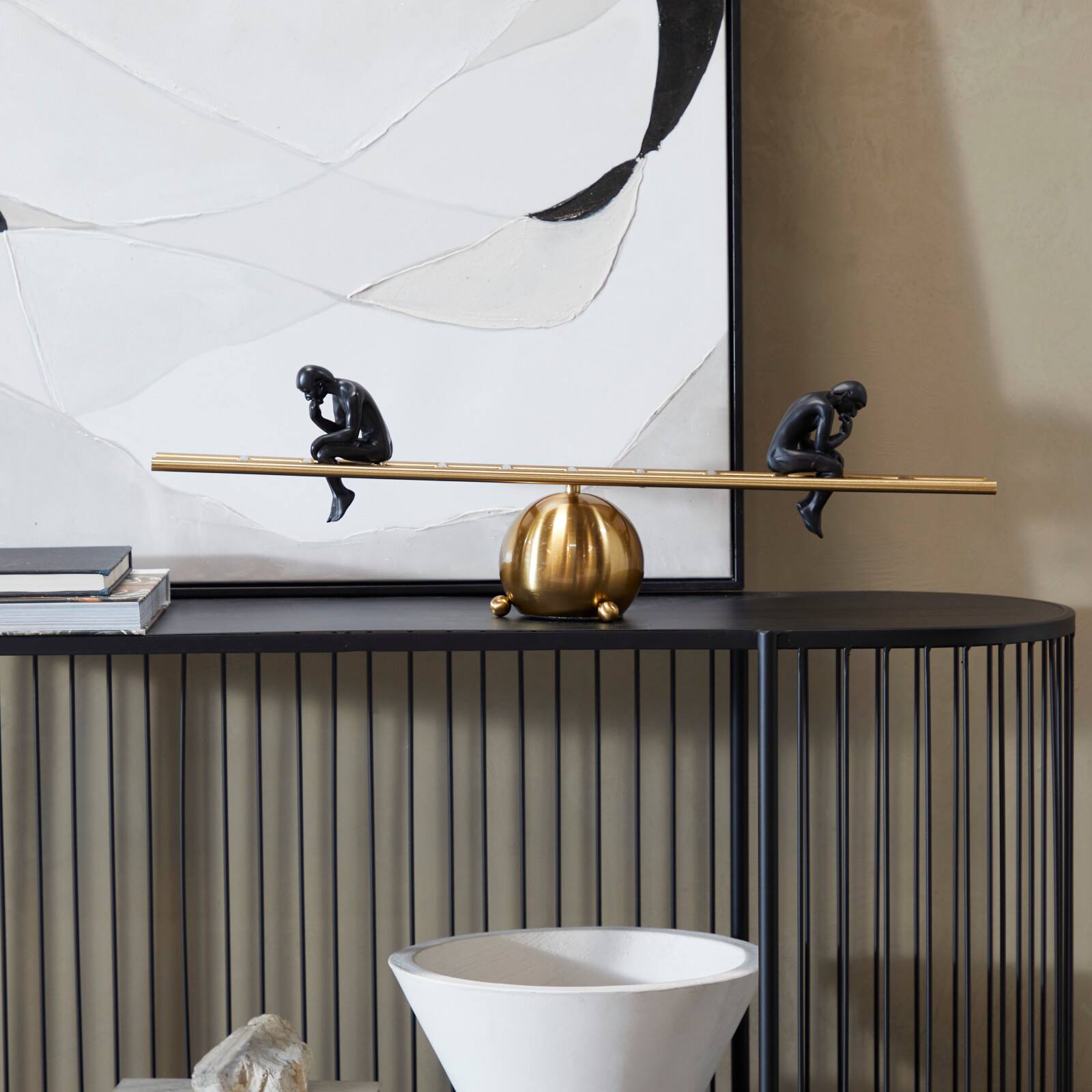 27" Gold Metal Thinking People Sculpture with Balancing Ladder