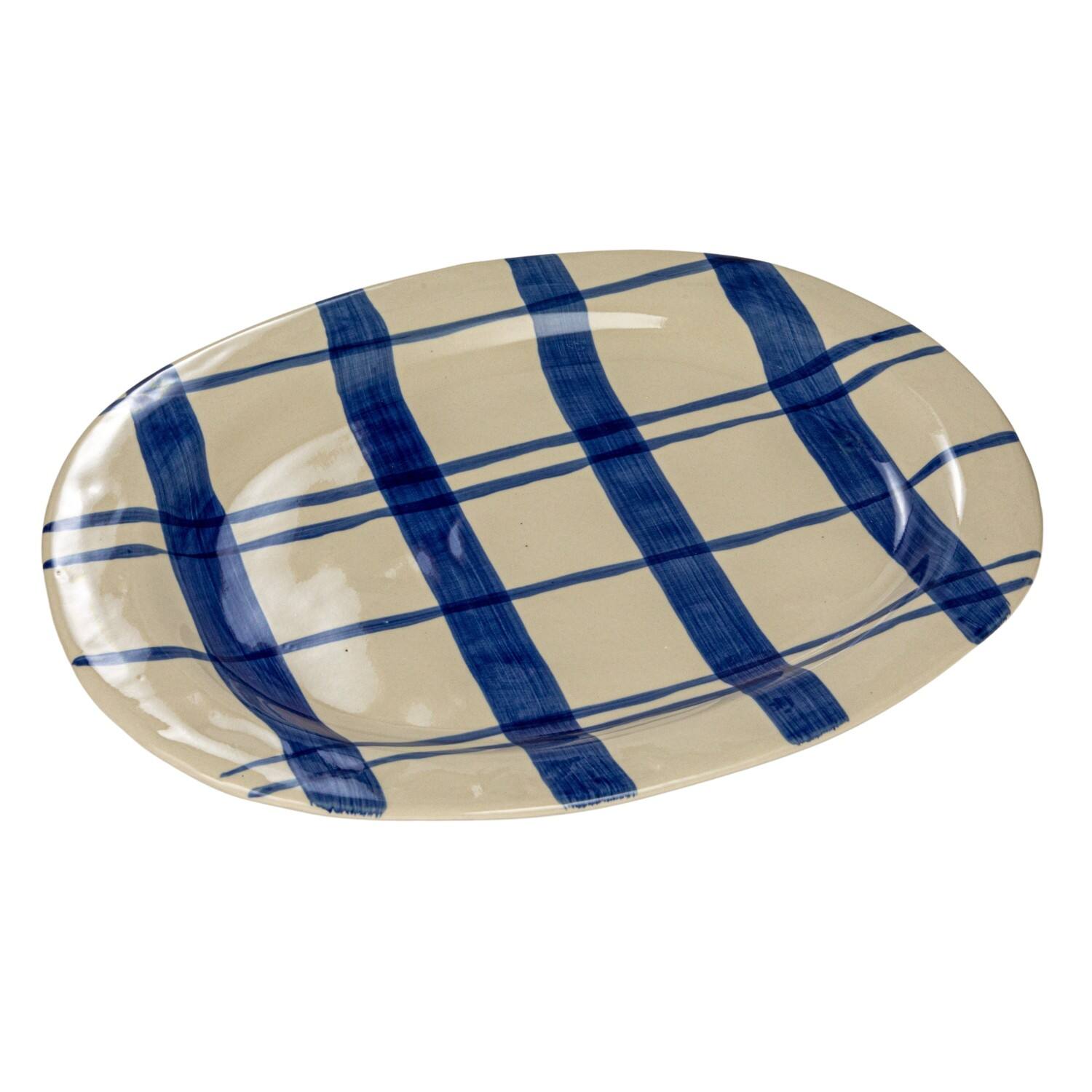 Hello Honey® 14" Hand-Painted Wax Relief Blue Stripe Oval Stoneware Platters, 2ct.