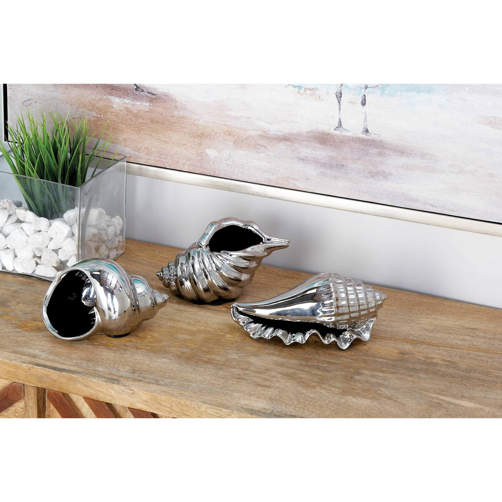Set of 3 Silver Ceramic Coastal Shell Sculpture, 8", 7", 6"