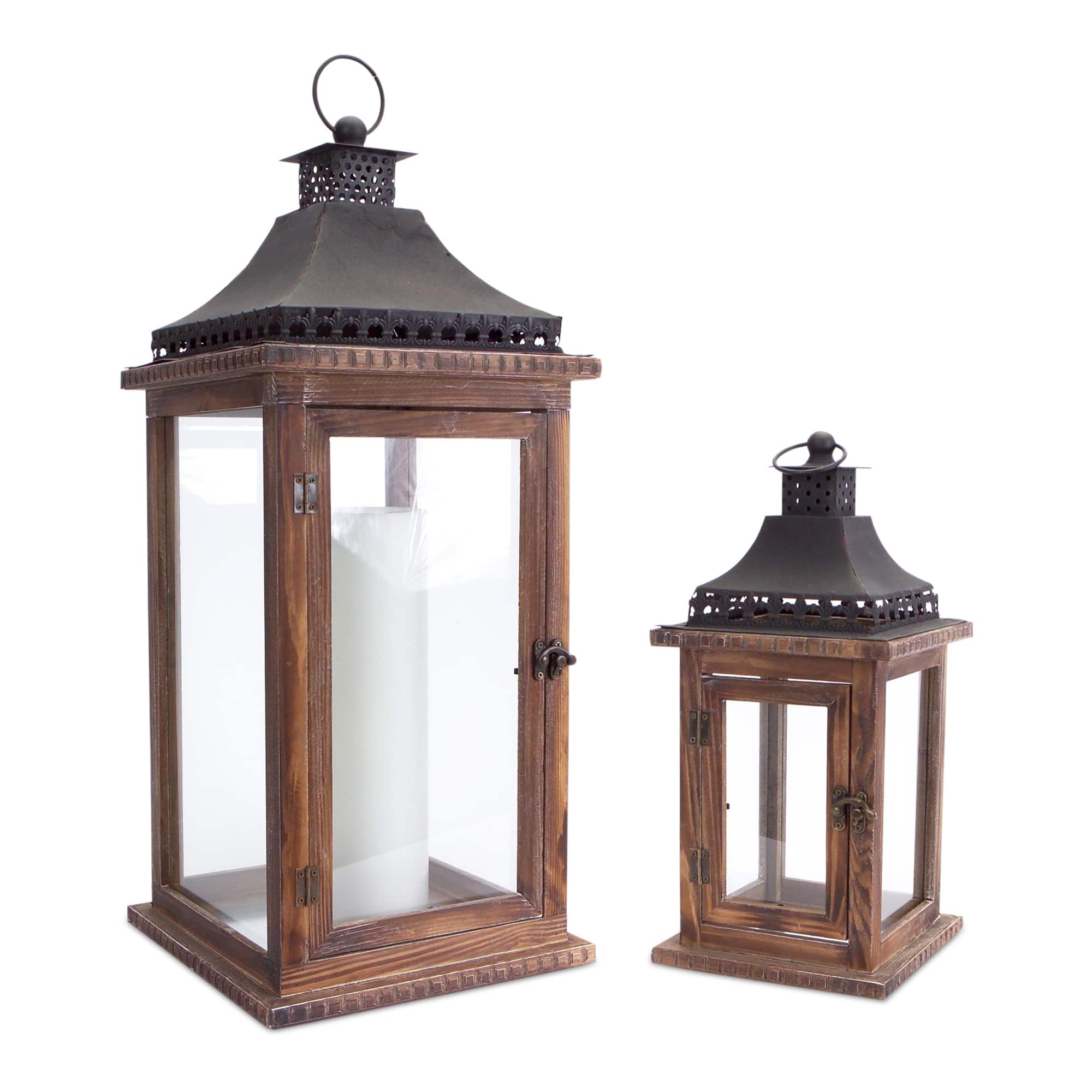 Wood, Iron &#x26; Glass Candle Lantern Set