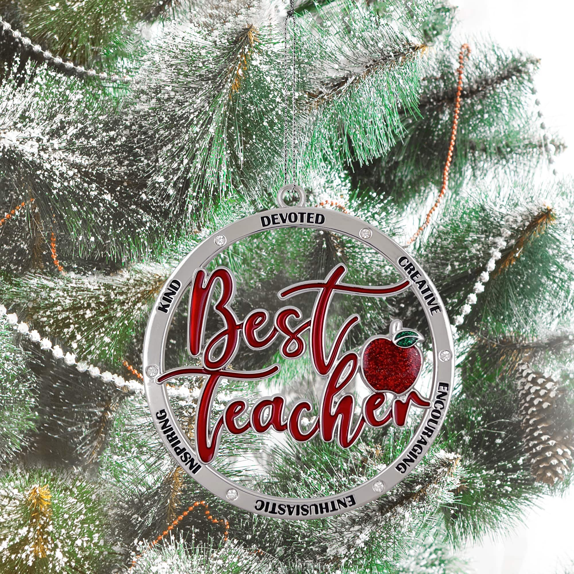 3&#x22; Red &#x26; Silver Best Teacher Round Enameled Metal Ornament by Ashland&#xAE;
