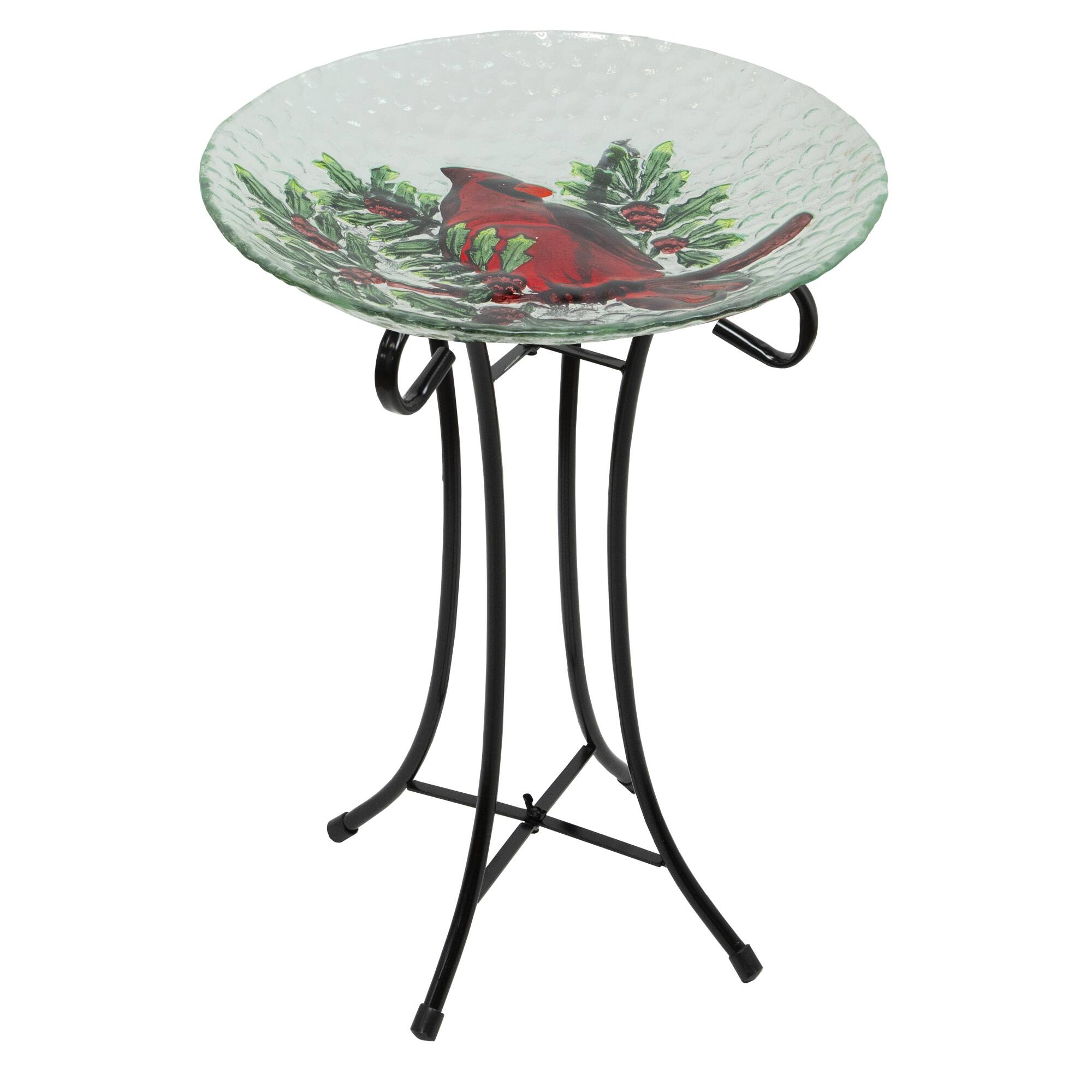 21" Red Cardinal & Pine Cone Glass Bird Bath with Stand