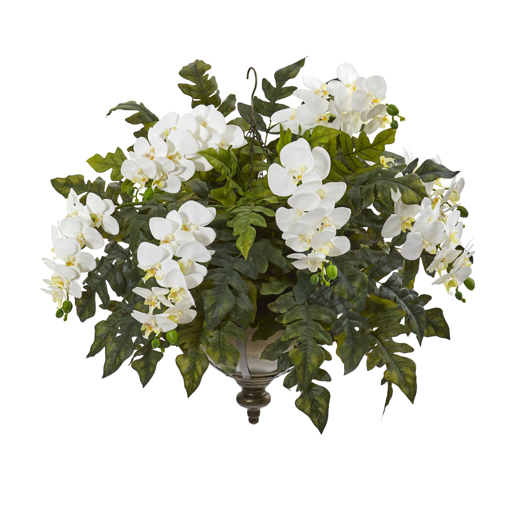 2ft. Cream Orchid &#x26; Holly Fern Arrangement in Metal Hanging Bowl