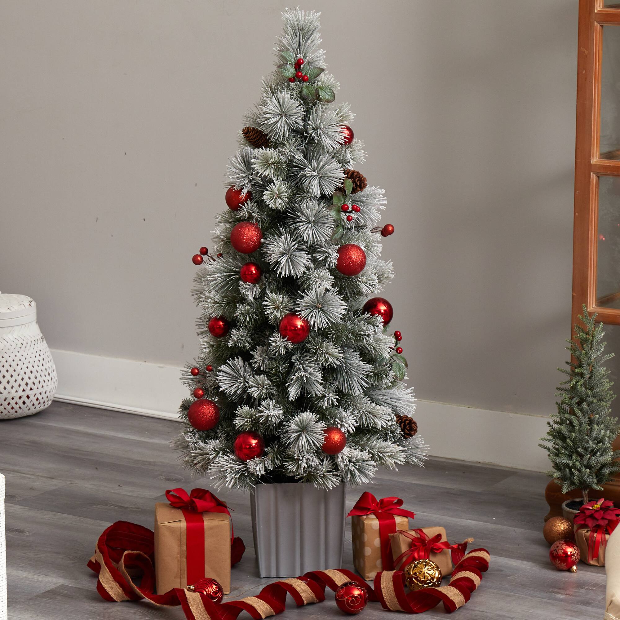 4ft. Pre-Lit Winter Flocked Artificial Christmas Tree in Decorative Planter, White LED Lights
