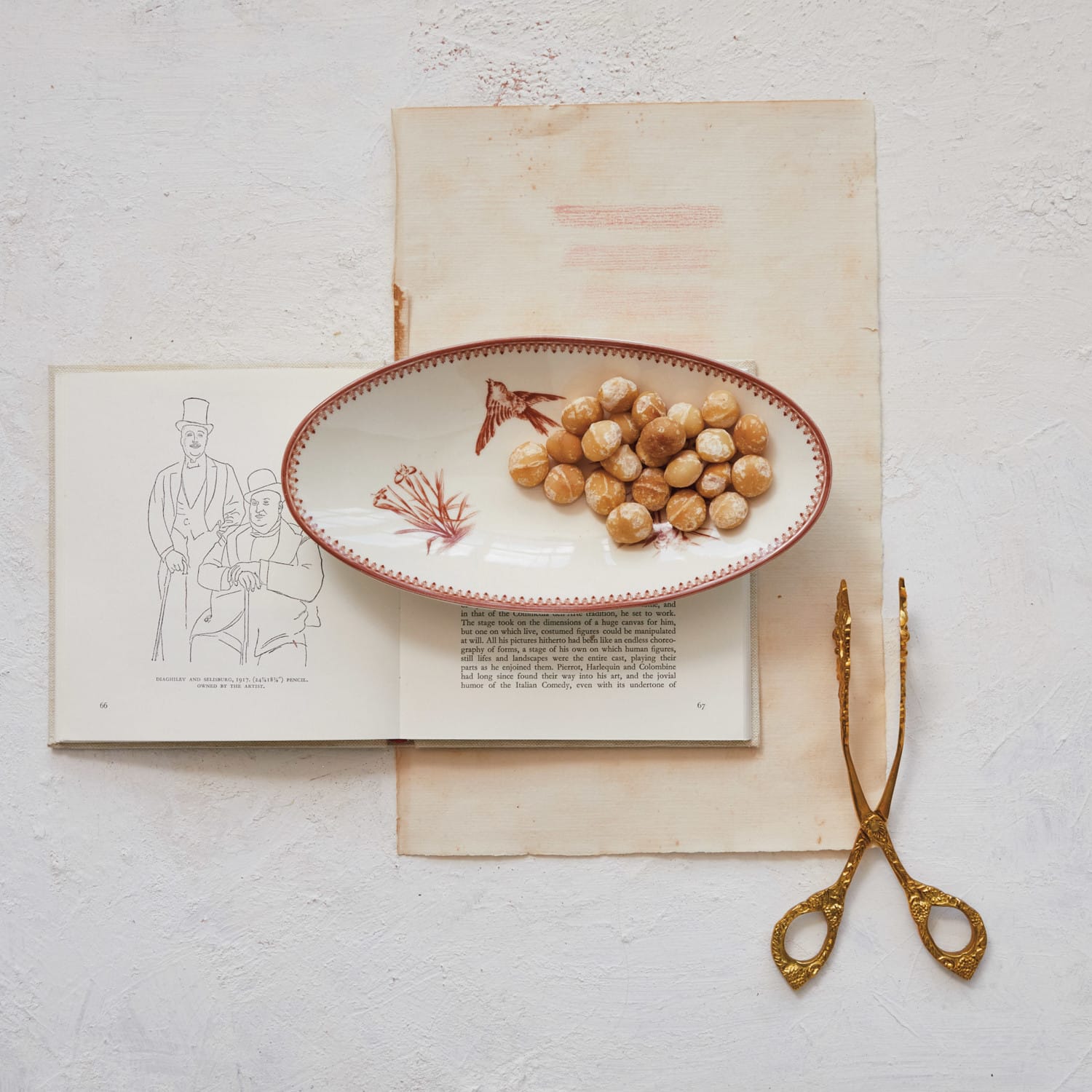 Hello Honey® 9.75" Cream & Brown Vintage Bird & Botanicals Stoneware Oval Plates, 2ct.