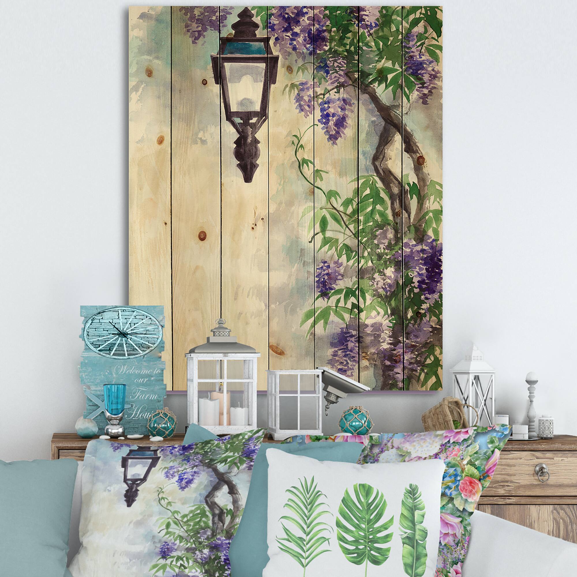 Designart - Lilac Lantern Vintage Impression - Traditional Print on Natural Pine Wood