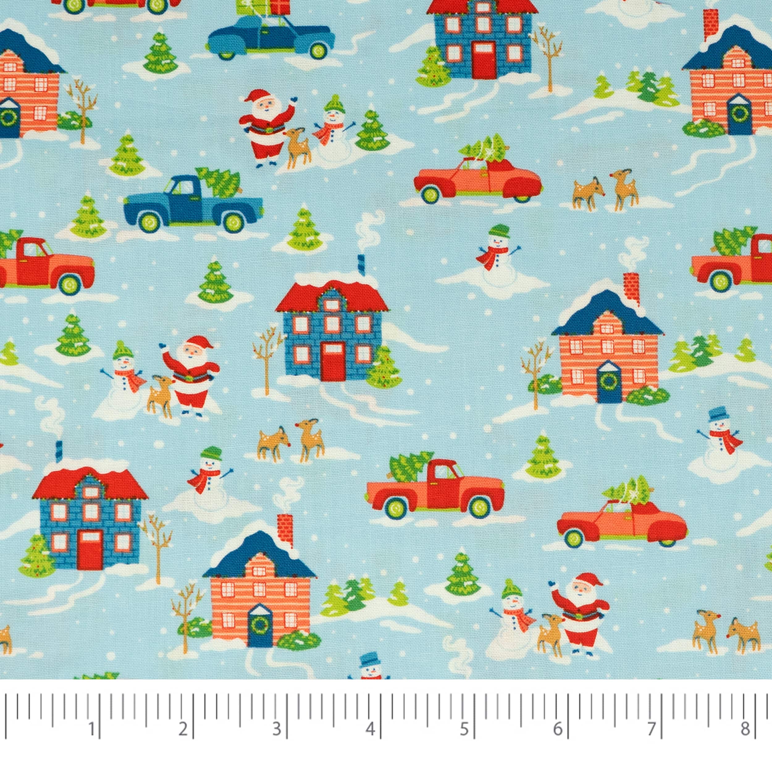 SINGER Christmas Holiday Santa&#x27;s Village Blue Cotton Fabric