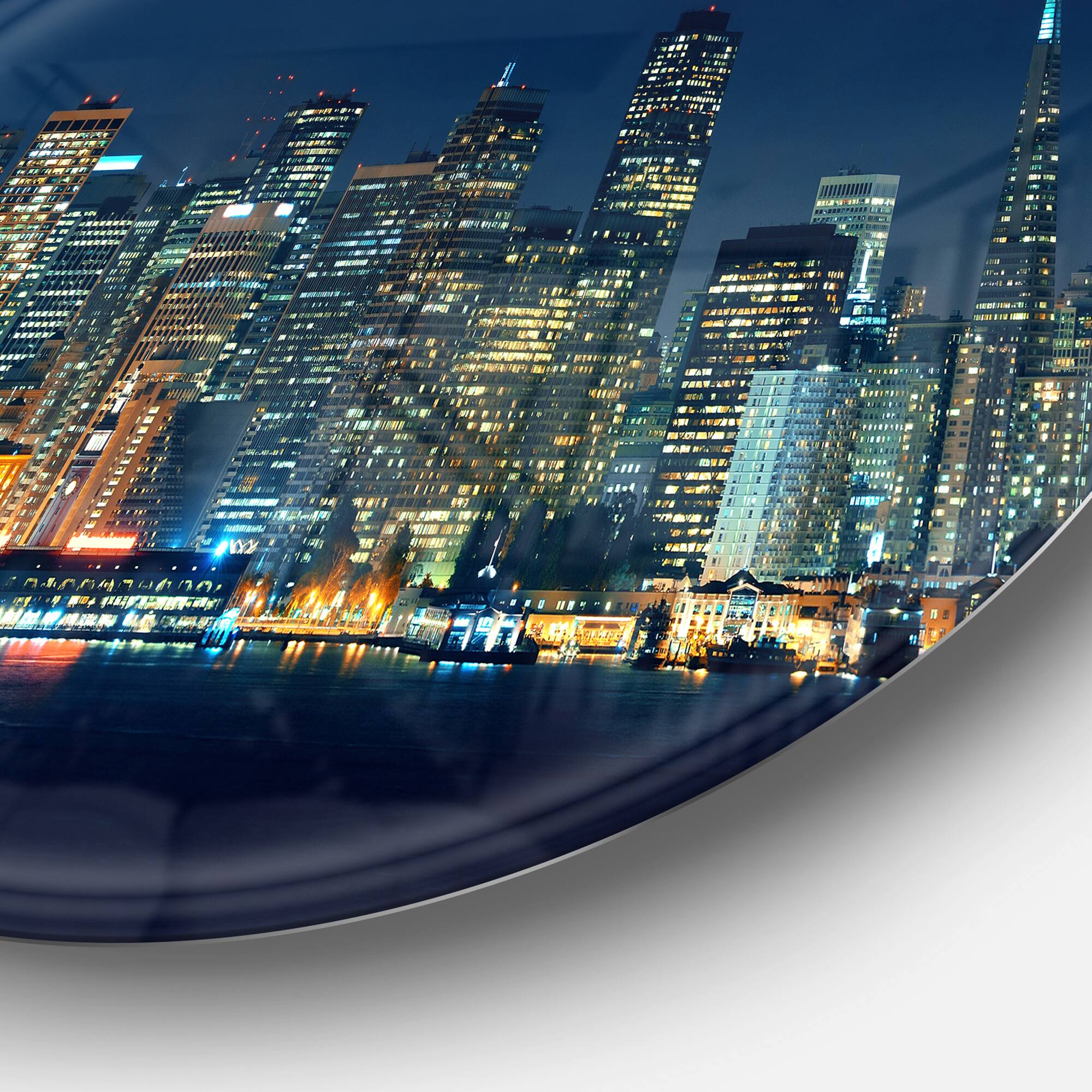 Designart - San Francisco Skyline at Night' Ultra Glossy Cityscape Metal Circle Wall Art