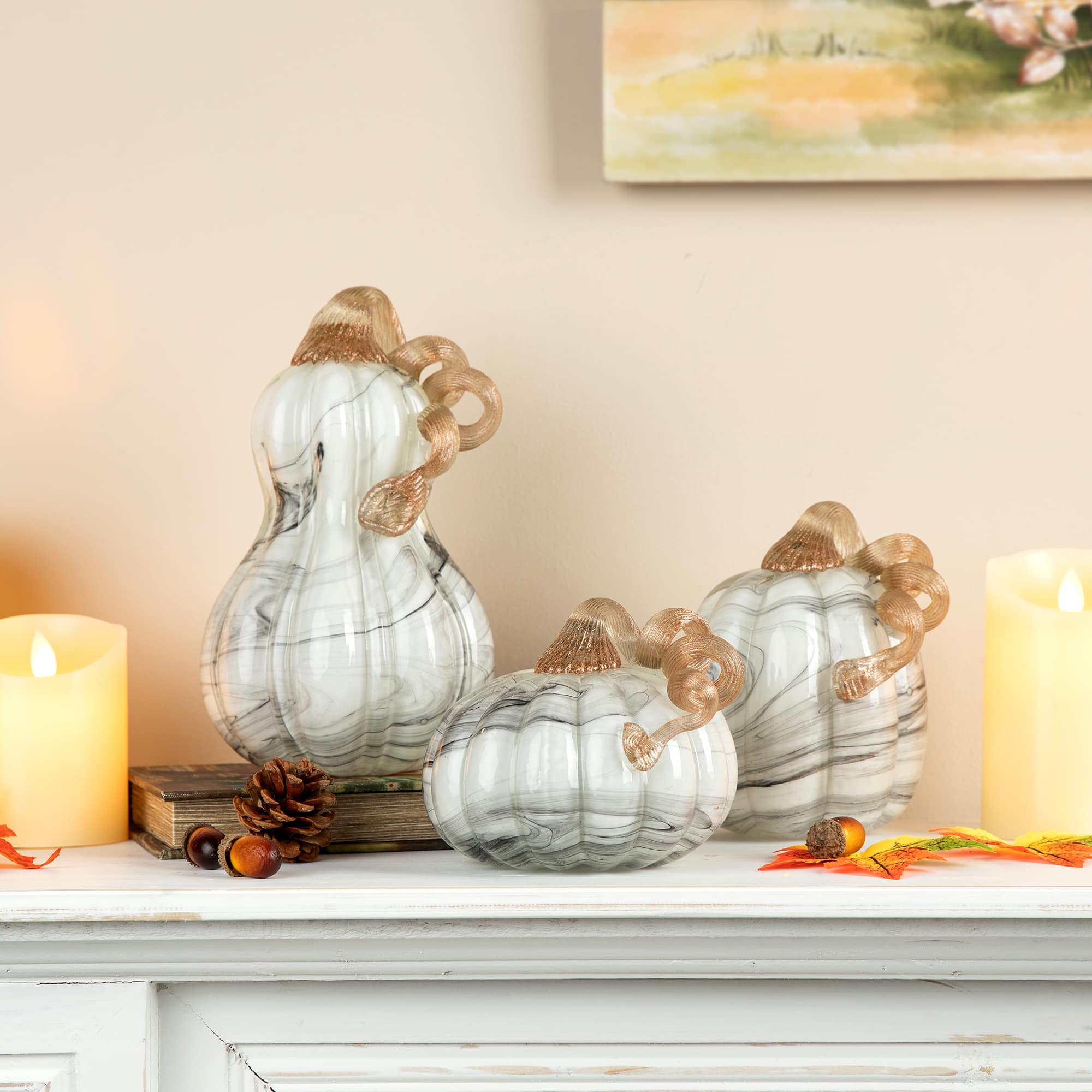 Glitzhome&#xAE; Gray Marble Glass Pumpkin &#x26; Gourd Set