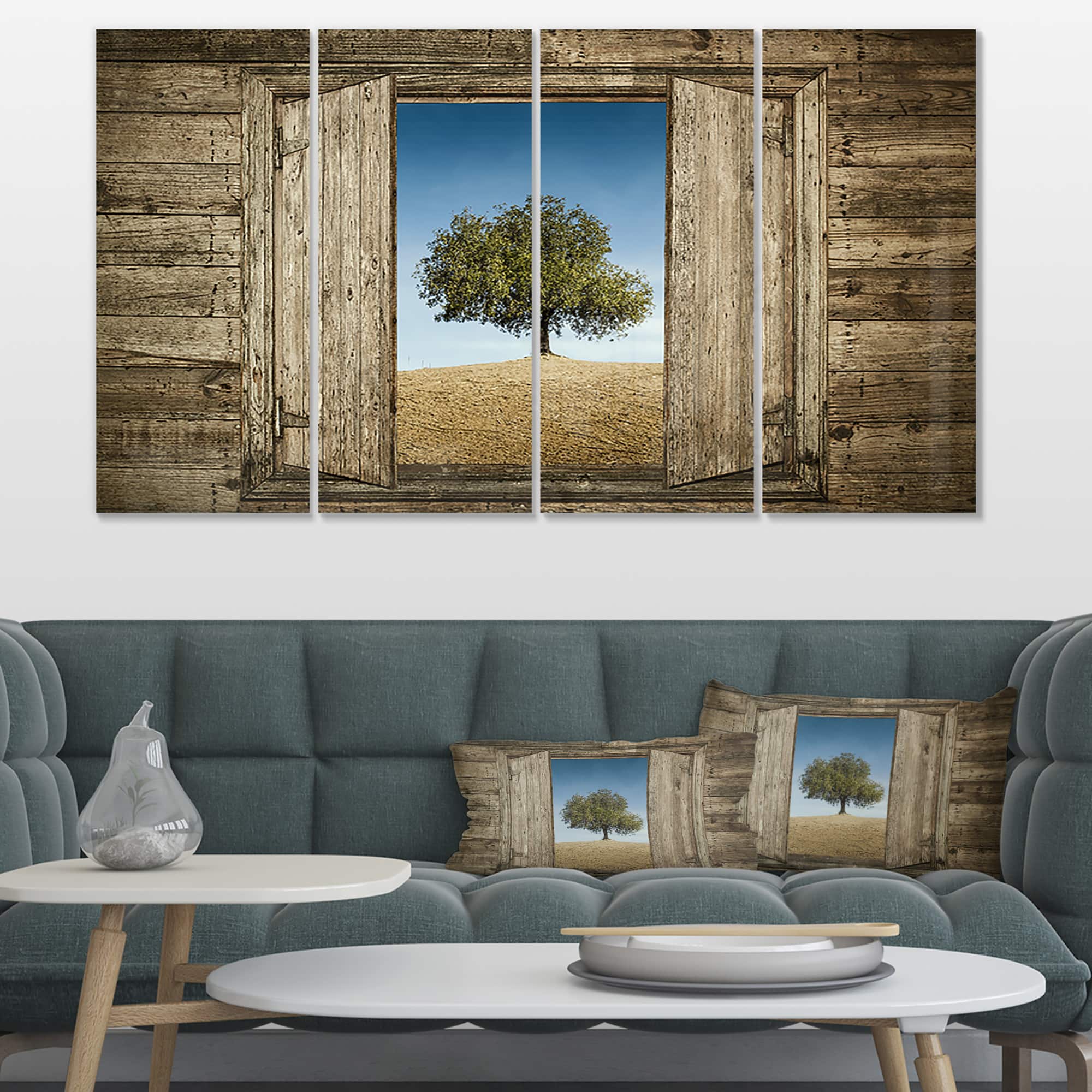Designart - Window Open To Solitary Tree - Modern Landscape Canvas Art