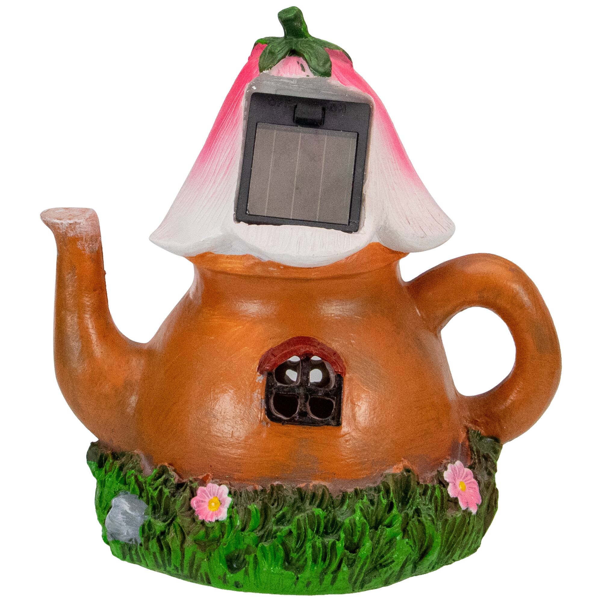 7" Solar Lighted Flower Tea Pot Outdoor Garden Statue
