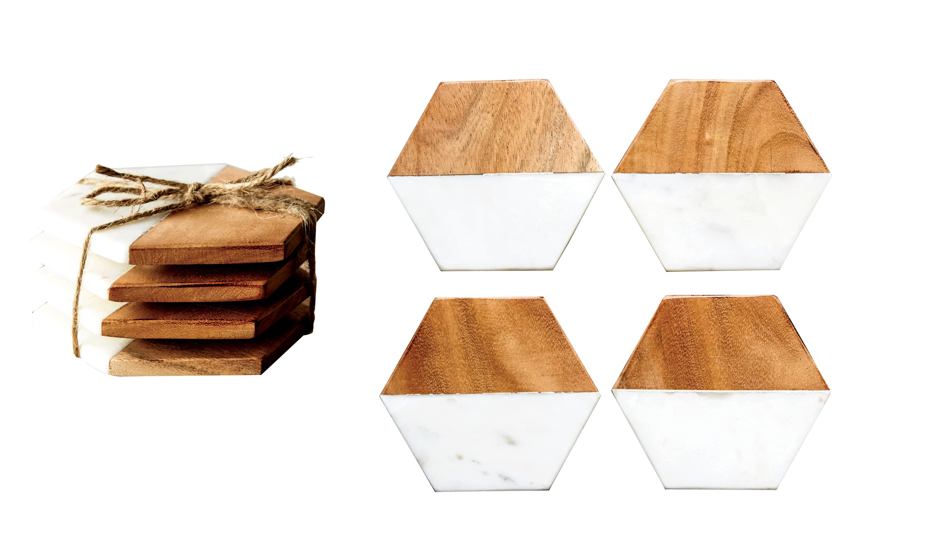 Marble &#x26; Mango Wood Hexagon Coaster Set