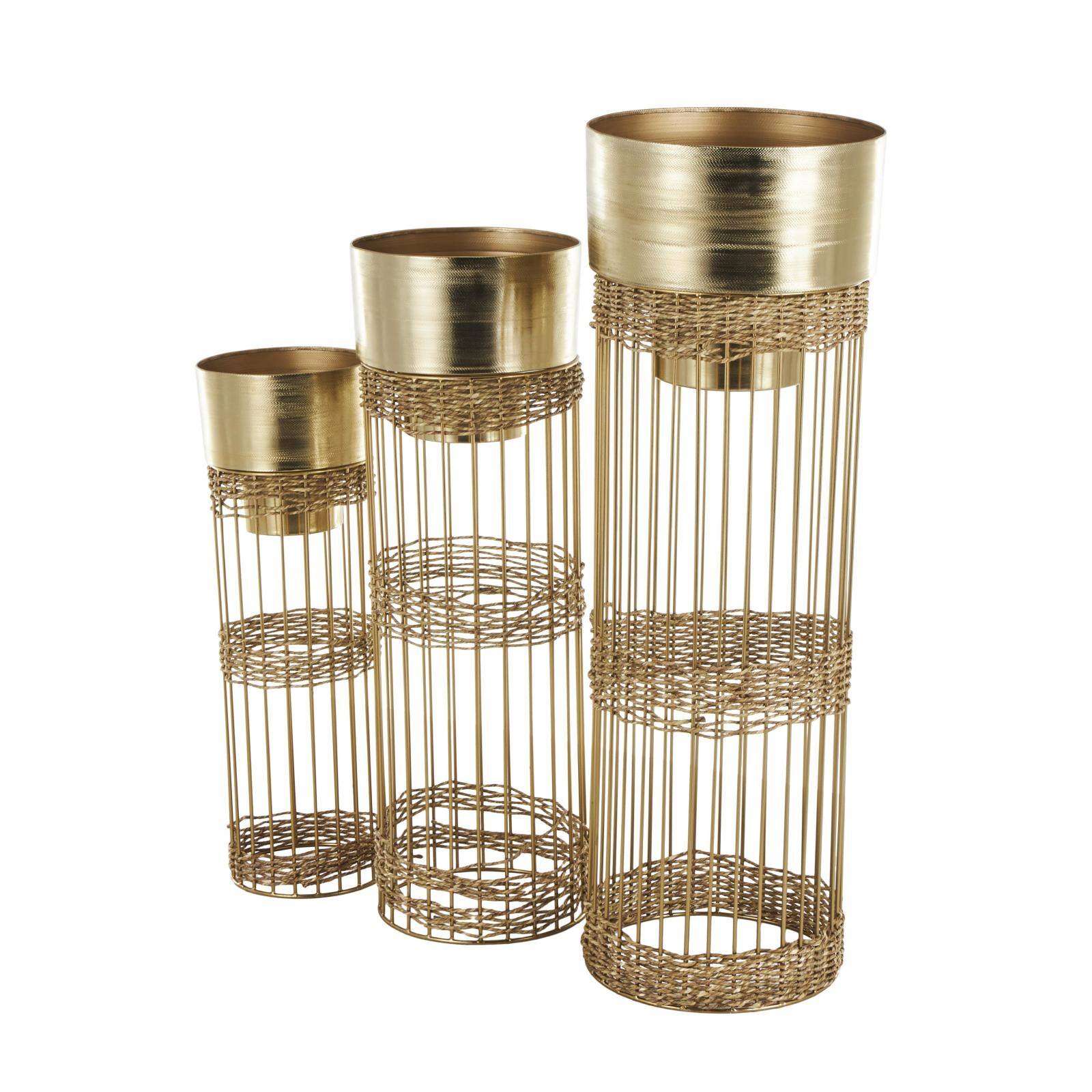 Gold Metal Textured Cylindrical Dome Planter &#x26; Pedestal Base Set