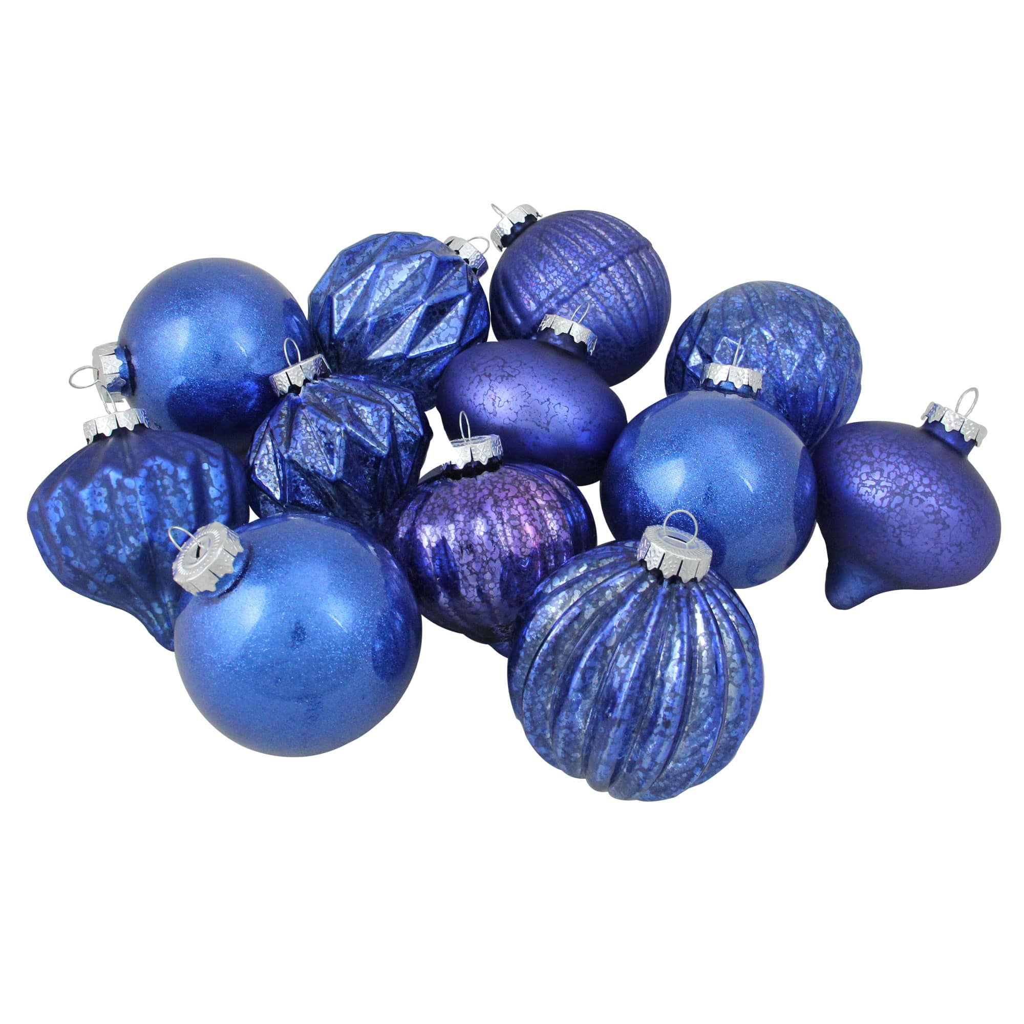 12ct. Royal Blue Multi Finish with Various Shapes Glass Ornaments