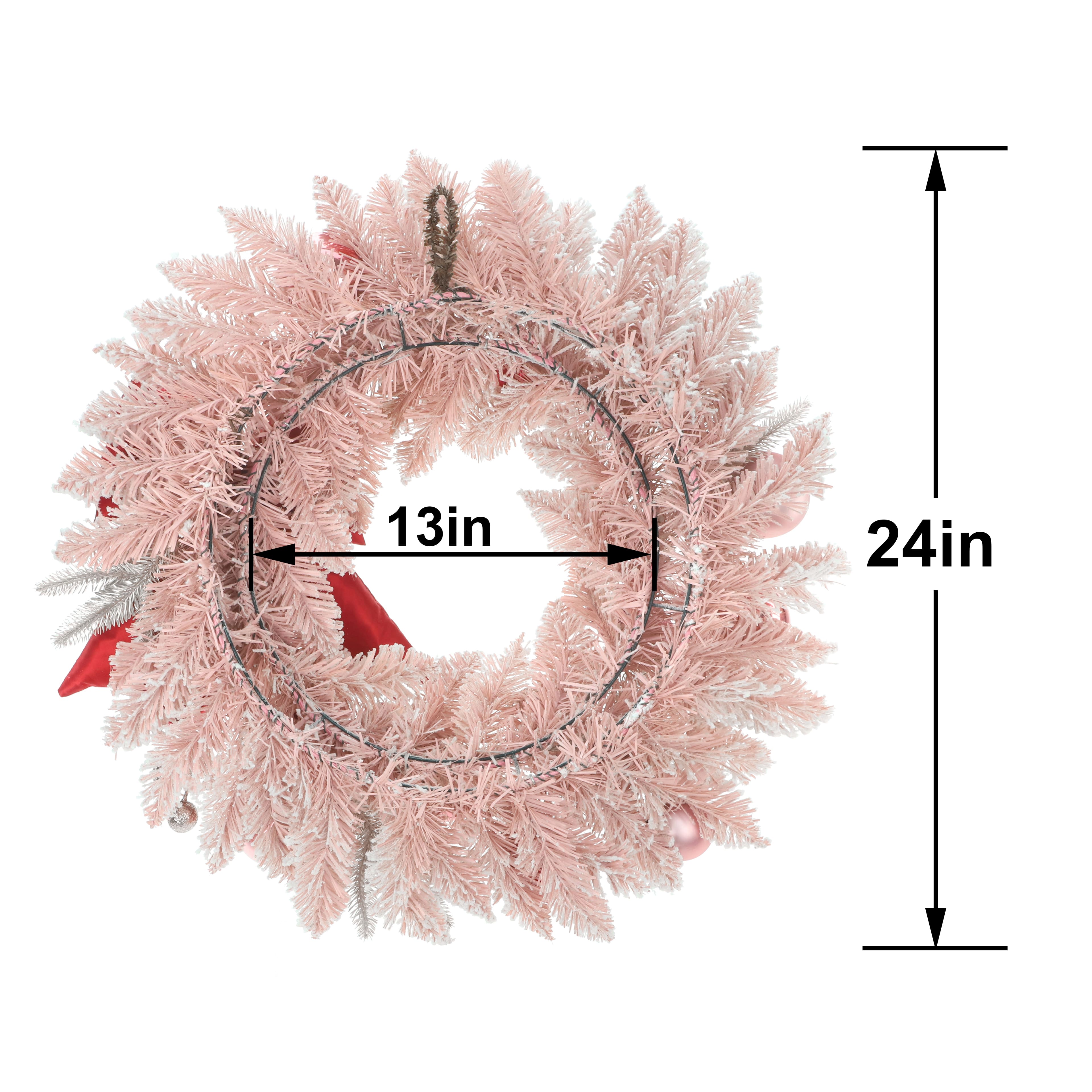 24&#x22; Pink Ornament &#x26; Flocked Pine Wreath with Red Bow by Ashland&#xAE;