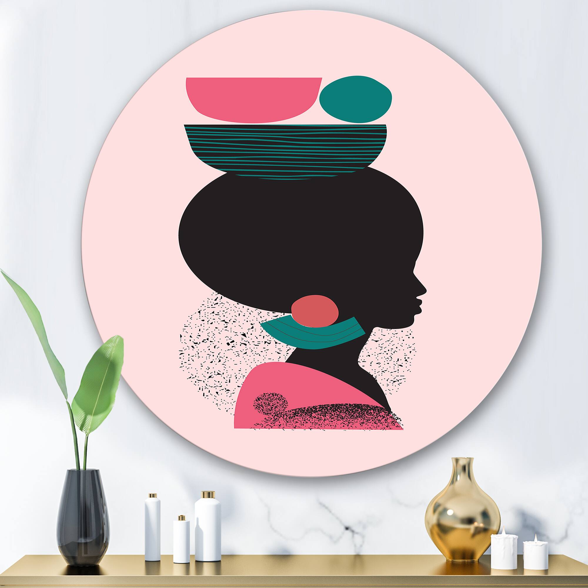 Designart - Ethnic Geometric Silhouette of Afro American II - Modern Metal Circle Wall Art