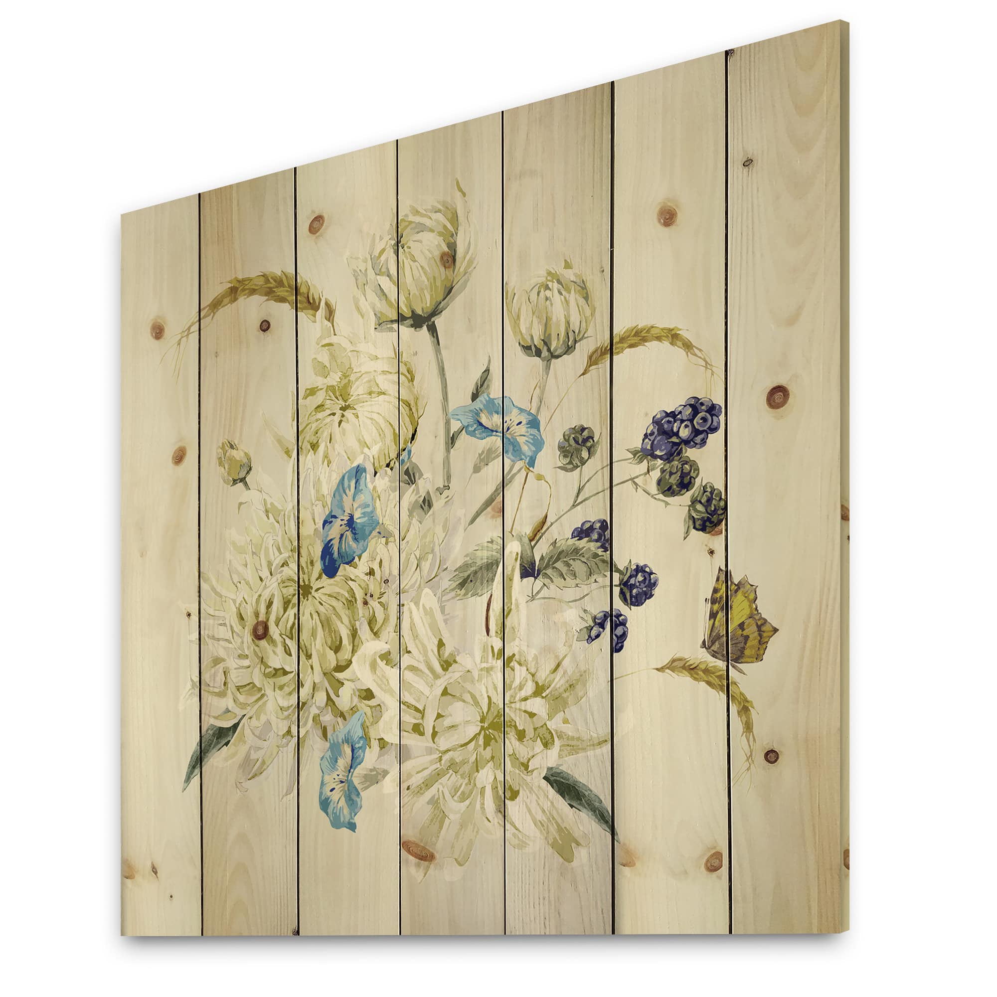 Designart - Vintage Bouquet With Chrysanthemums II - Traditional Print on Natural Pine Wood