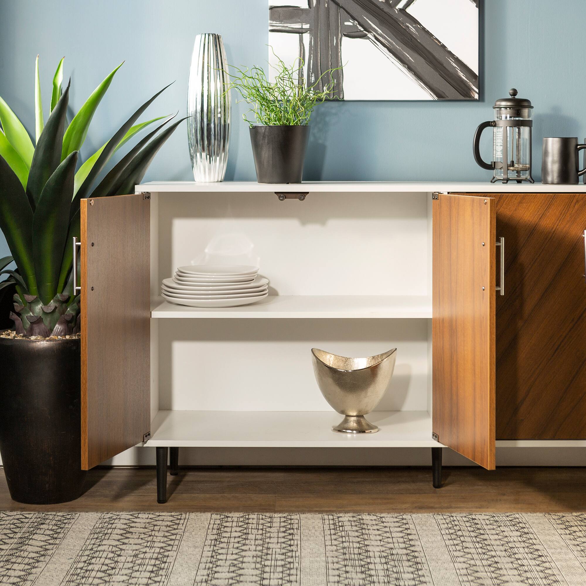 Walker Edison 58" Teak Bookmatch & White Mid Century Modern TV Buffet