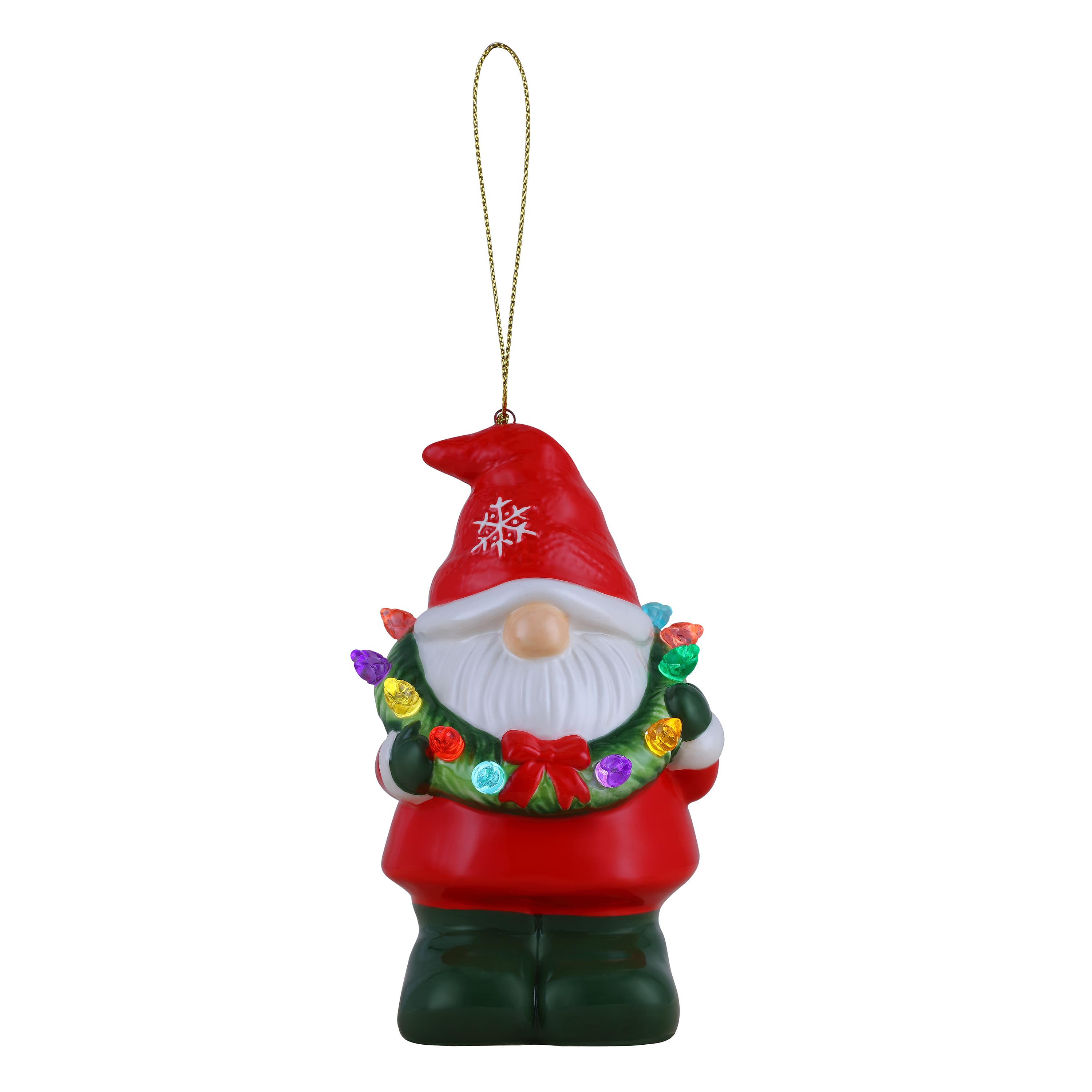 Ceramic LED Gnome with Wreath Ornament