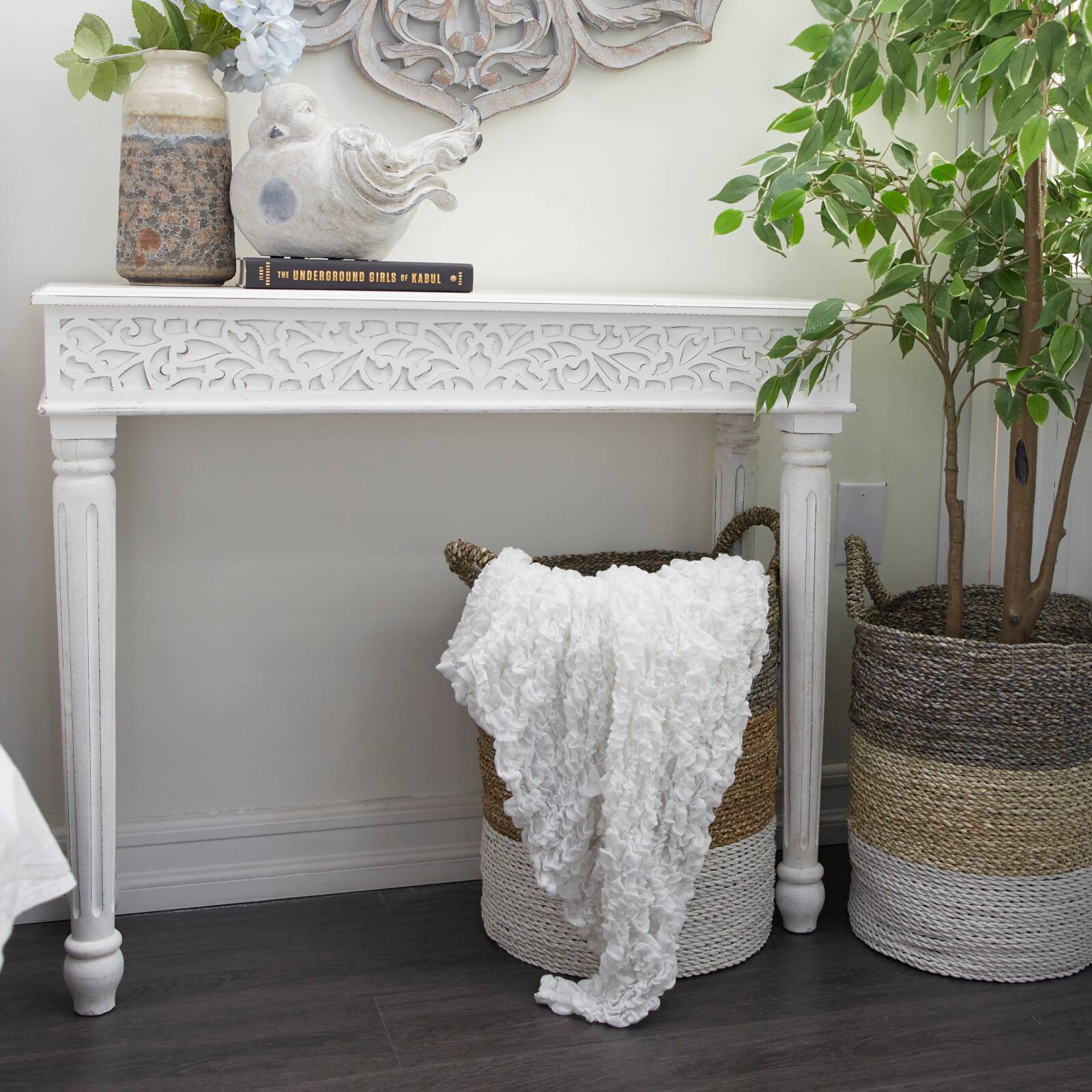 White Farmhouse Mango Wood Console Table, 30&#x22; x 36&#x22;