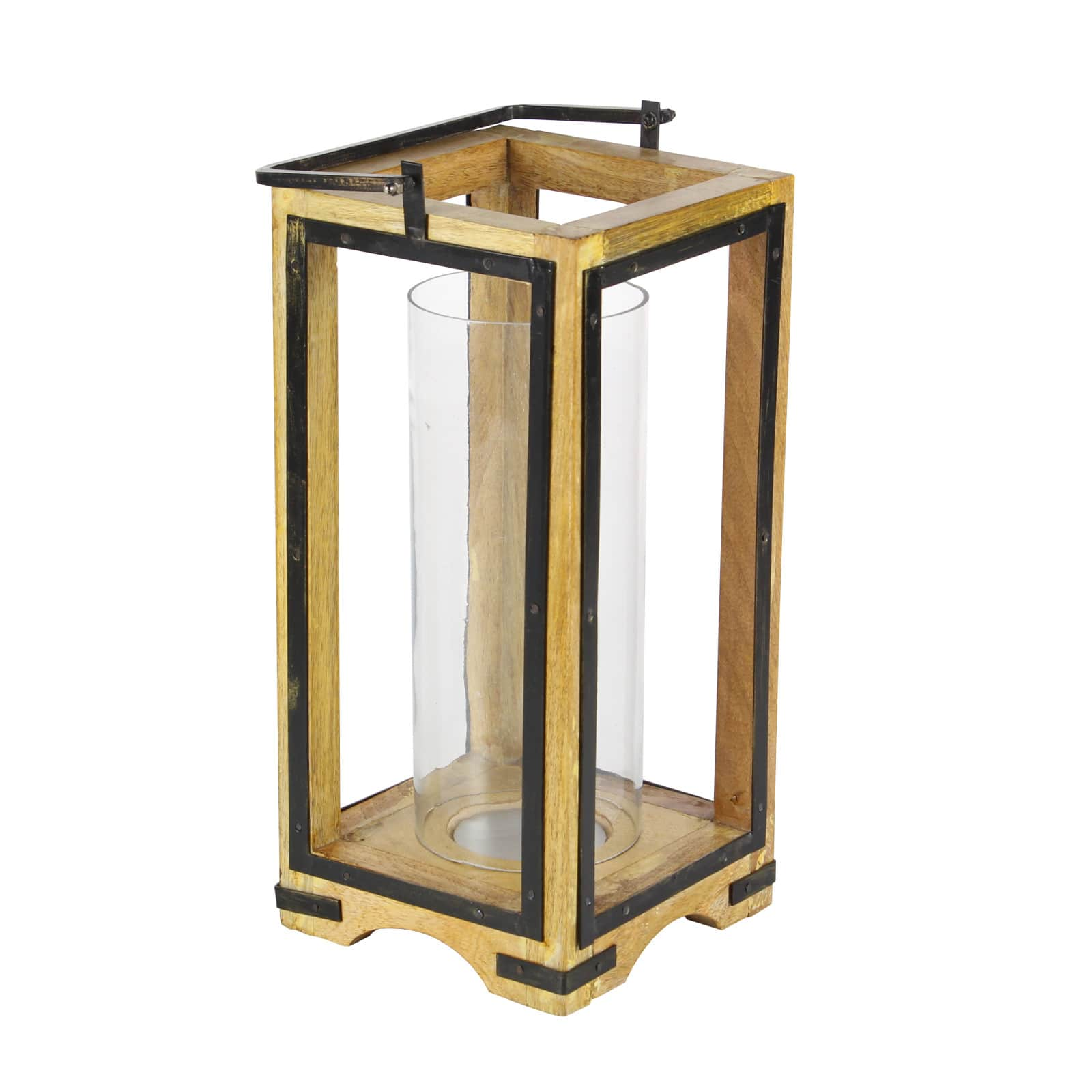 Natural Brown Mango Wood Traditional Candle Holder Lantern, 22&#x22; x 8&#x22; x 8&#x22;