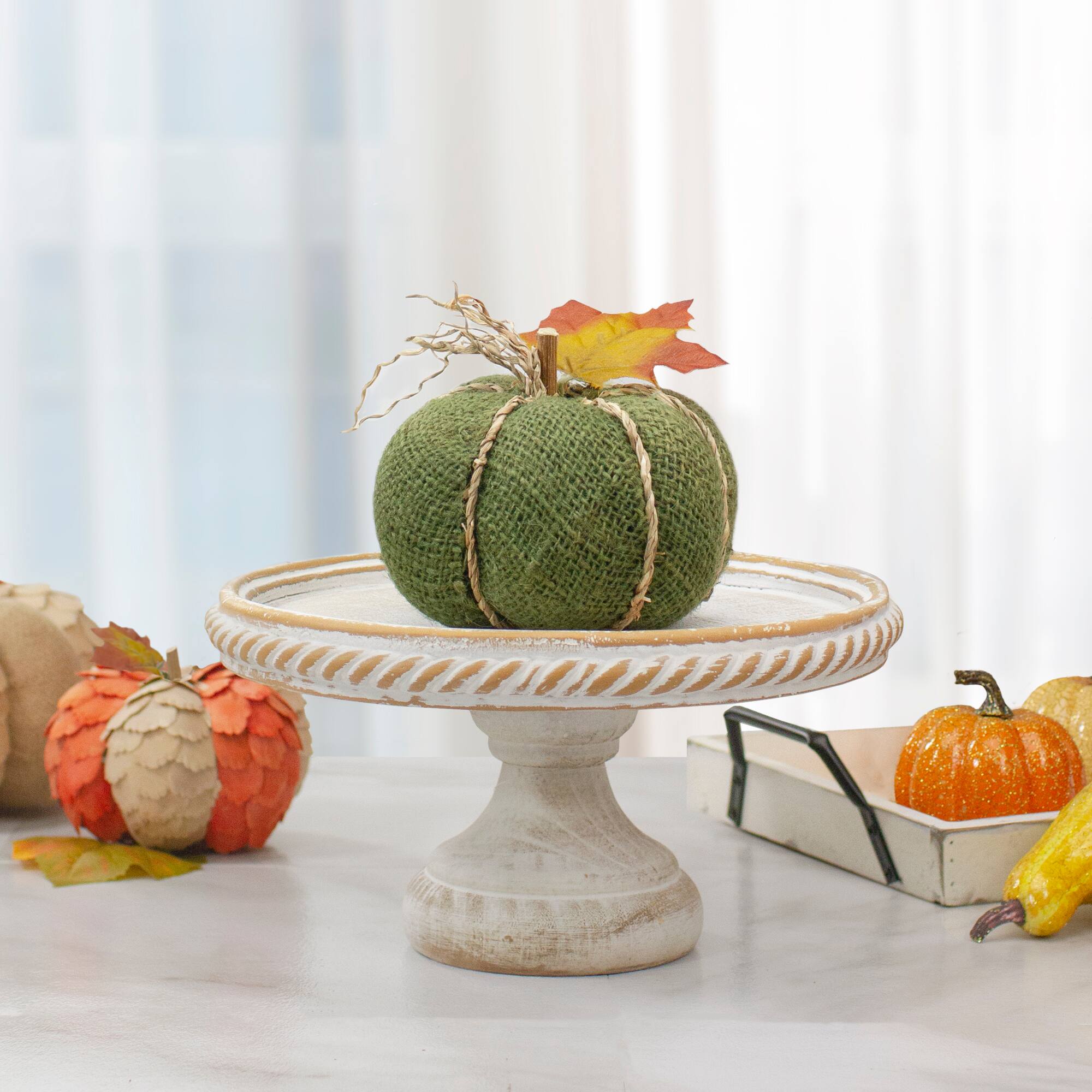 5.5" Green Burlap Autumn Harvest Tabletop Pumpkin