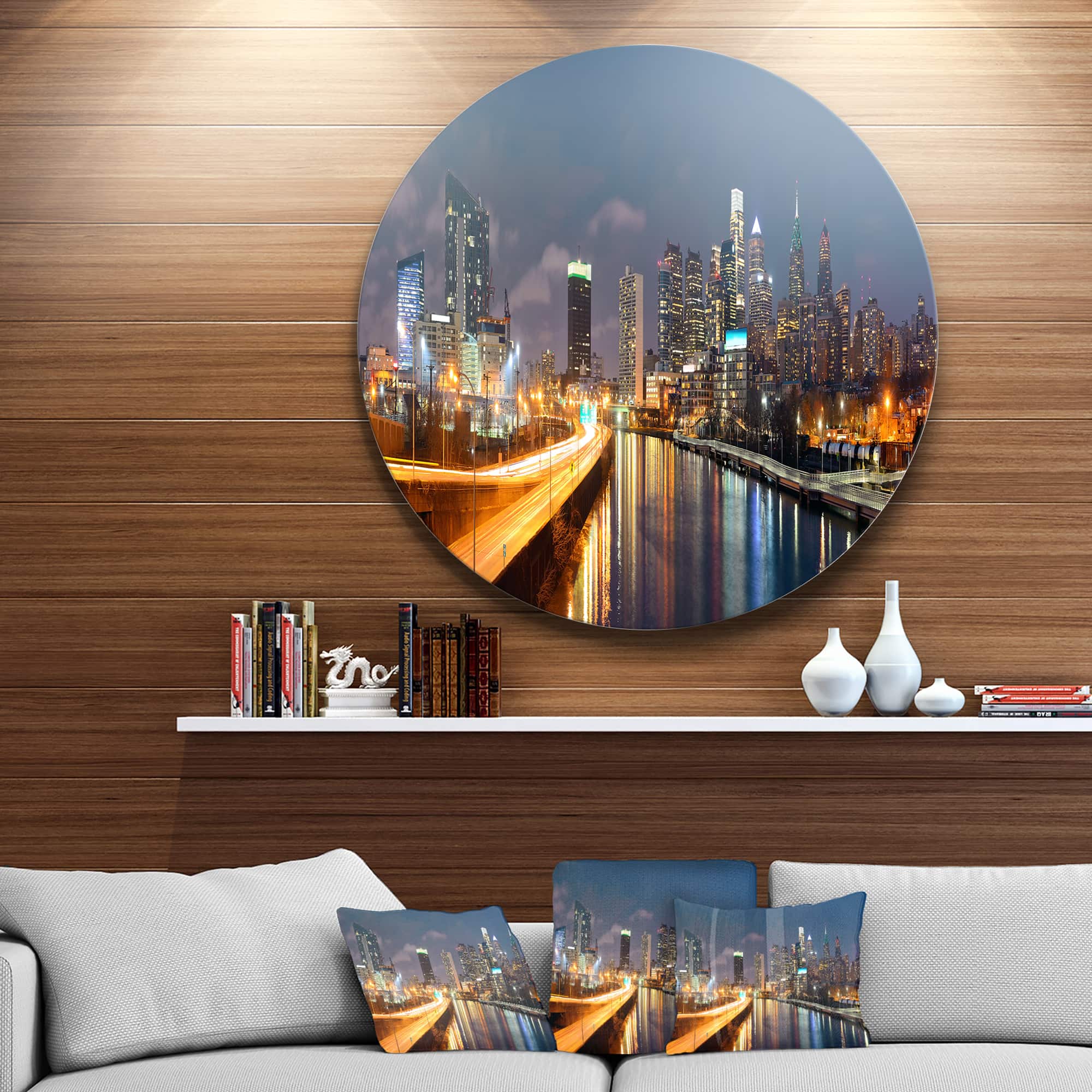 Designart - Philadelphia Skyline at Night&#x27; Ultra Glossy Cityscape Circle Wall Art