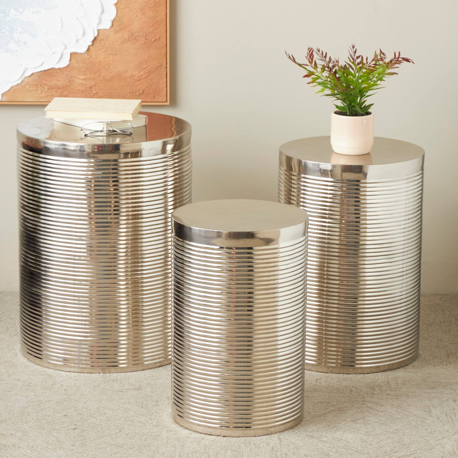 Silver Metal Ribbed Drum Accent Table Set