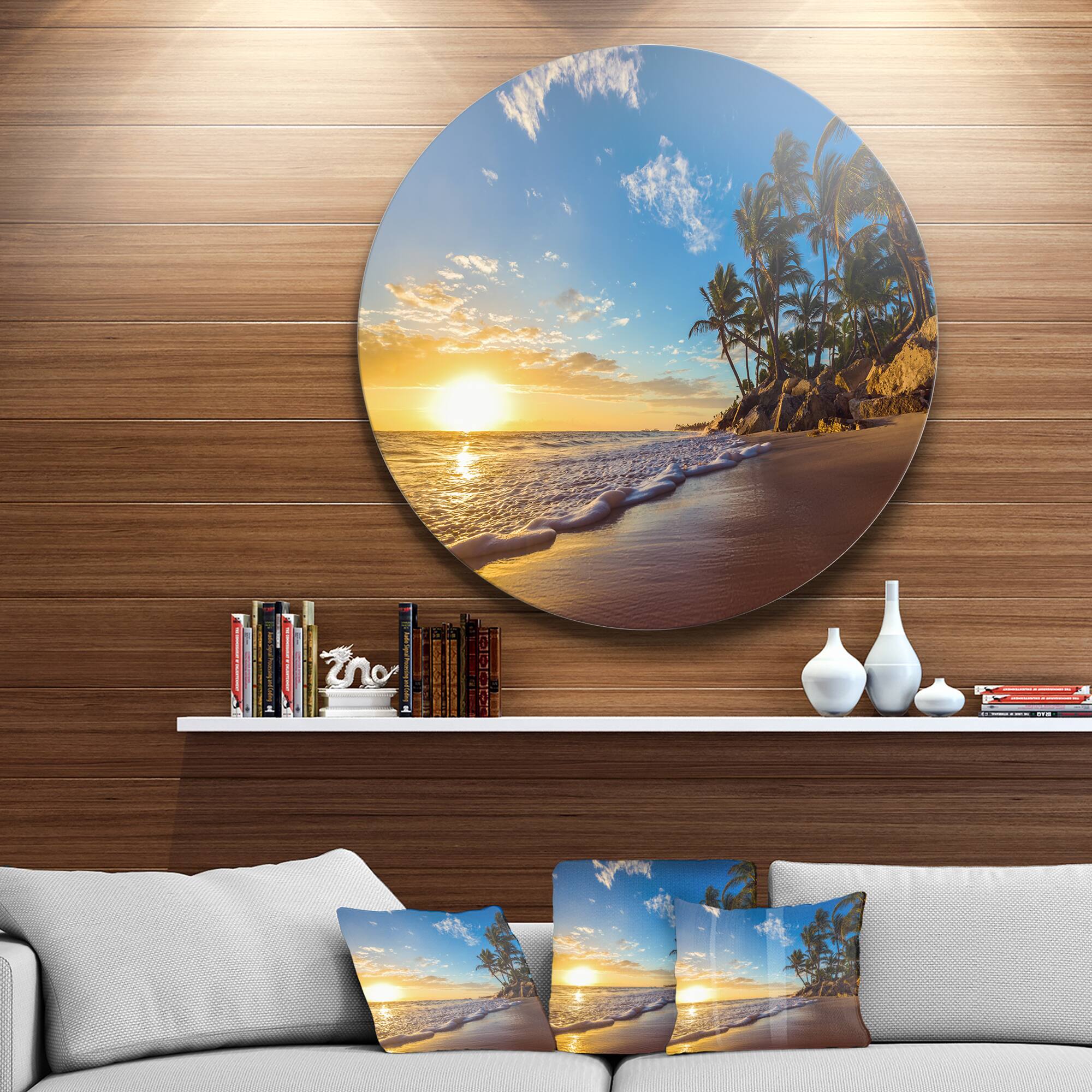 Designart - Paradise Tropical Island Beach Sunrise' Seashore Metal Circle Wall Art