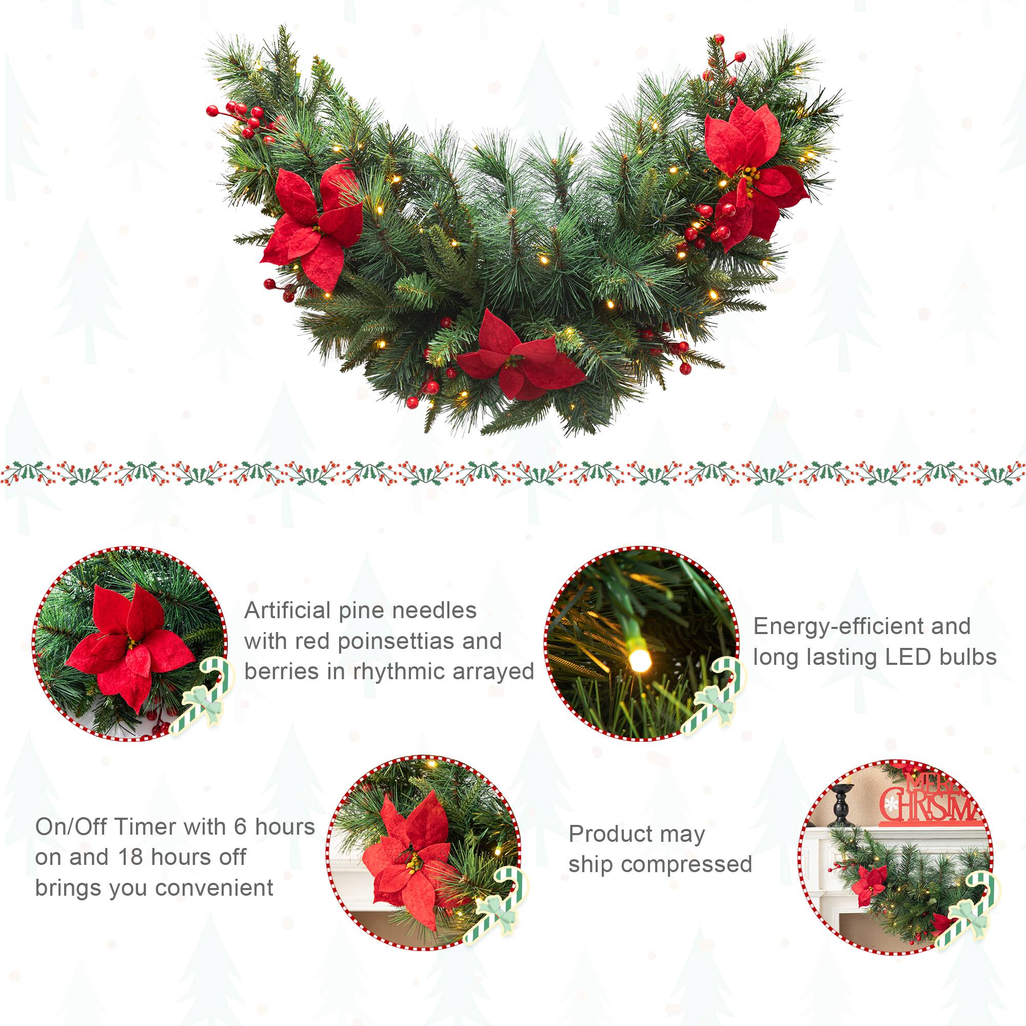 Glitzhome&#xAE; 3ft. Pre-Lit Pine, Poinsettia &#x26; Berries Christmas Swag