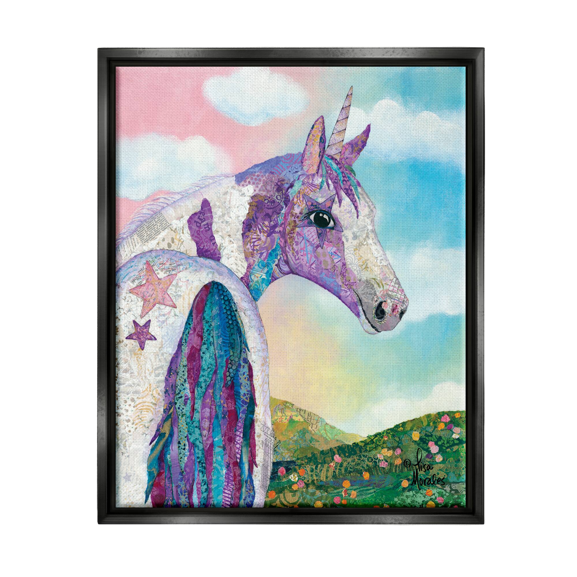 Stupell Industries Starry Eyed Unicorn Floral Fantasy Meadow Framed Floater Canvas Wall Art