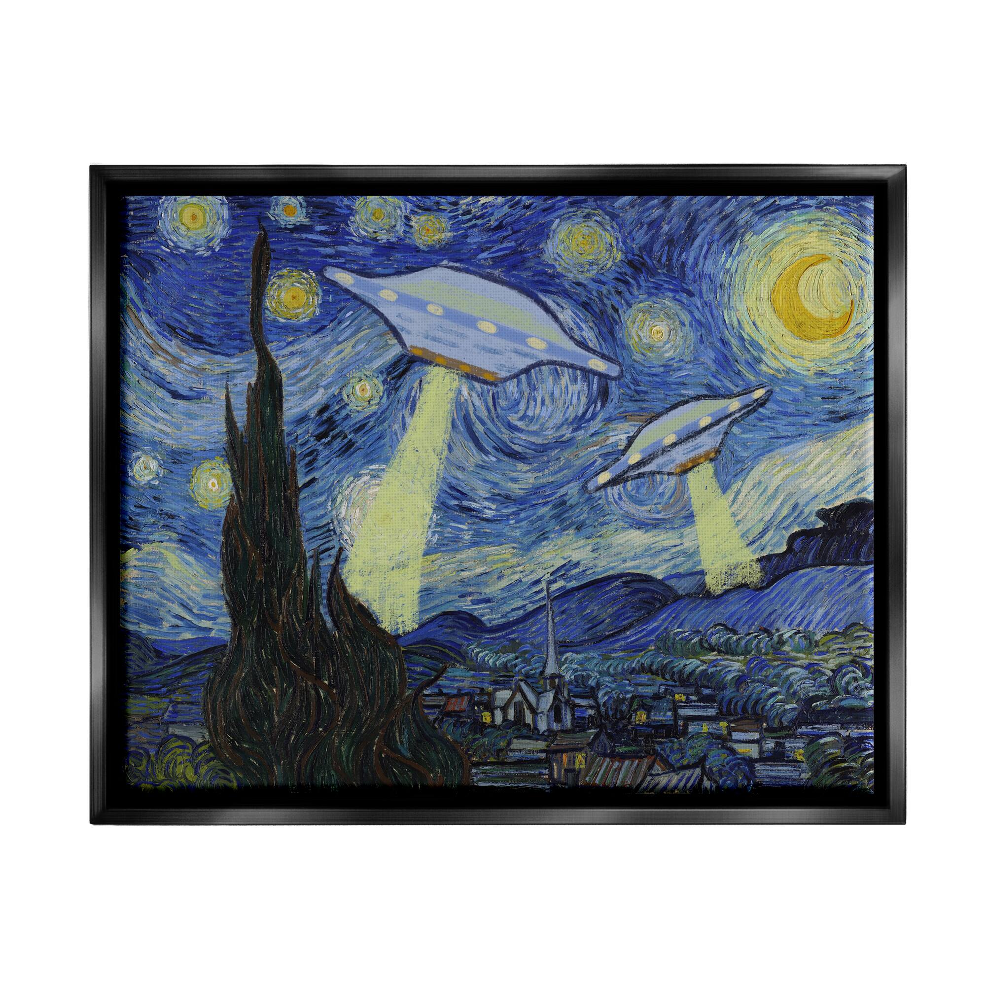 Stupell Industries Starry Night Classic Alien UFOs Framed Floater Canvas Wall Art
