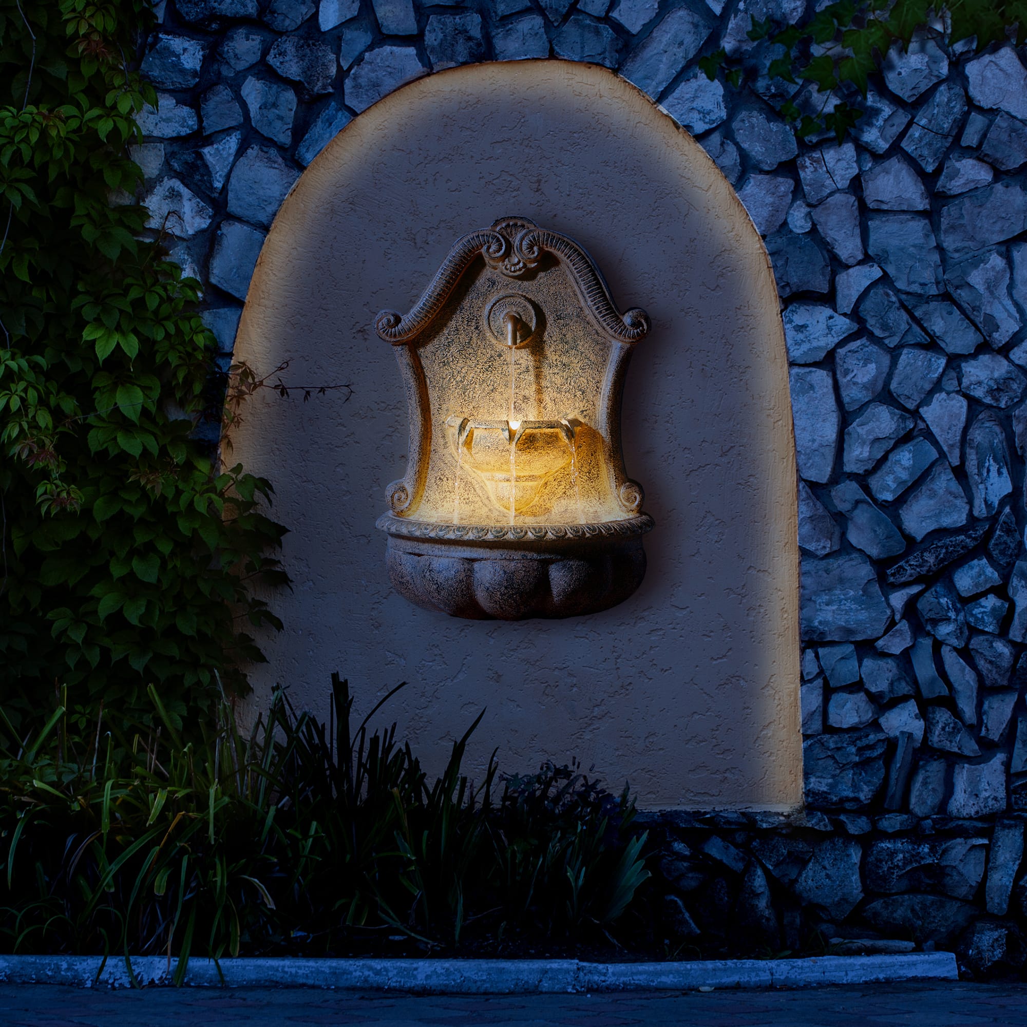 Glitzhome&#xAE; 25.75&#x22; Faux Granite Sculptural Outdoor Wall Fountain with LED Light