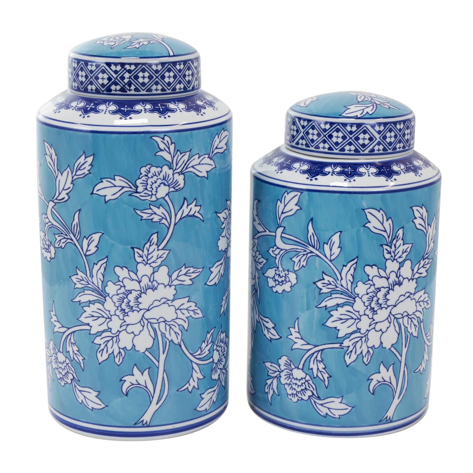 Blue Ceramic Decorative Jar Set with White Floral Patterns