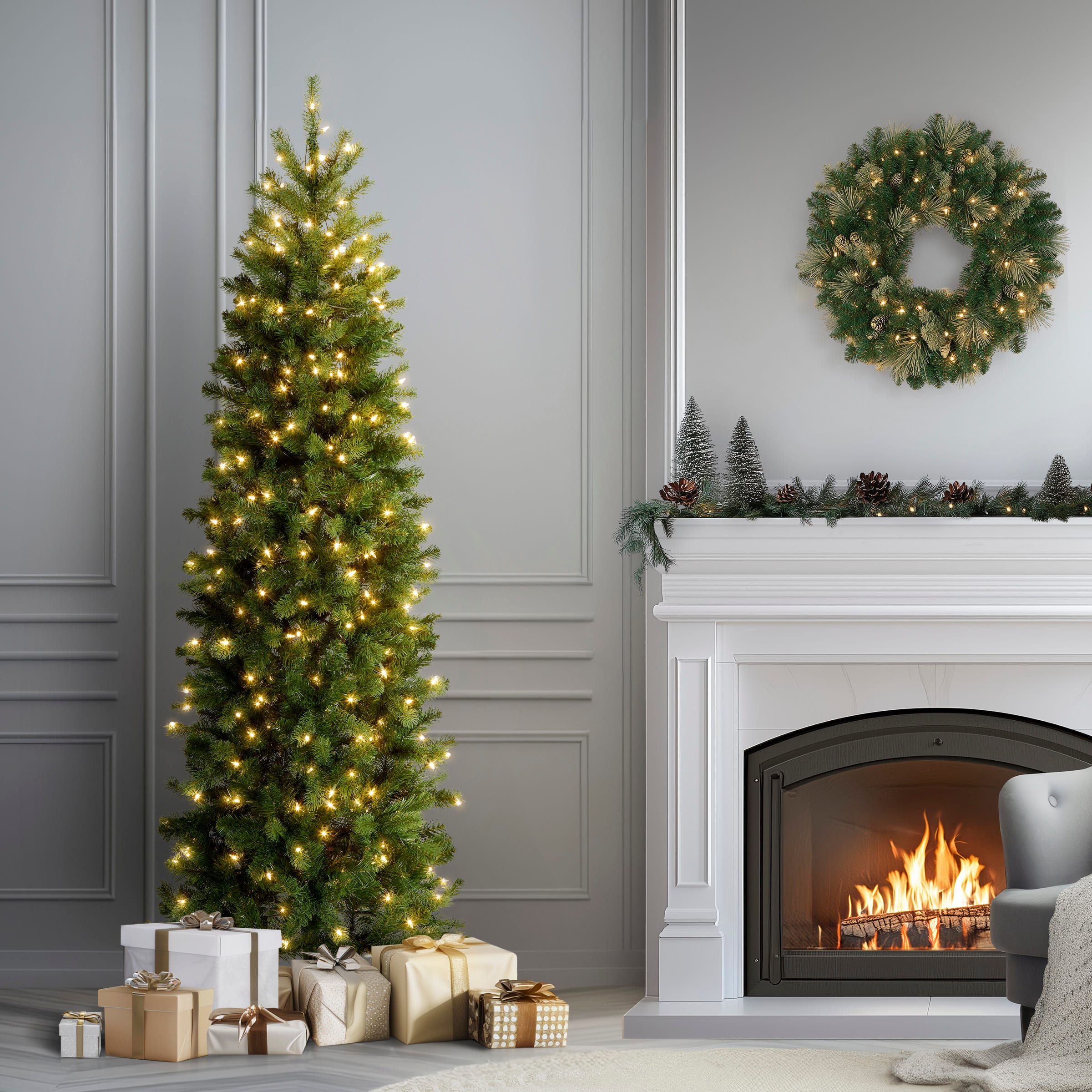 6.5 Ft. Pre-Lit Feel Real&#xAE; Downswept Douglas Fir Pencil Slim Artificial Christmas Tree, Clear Lights