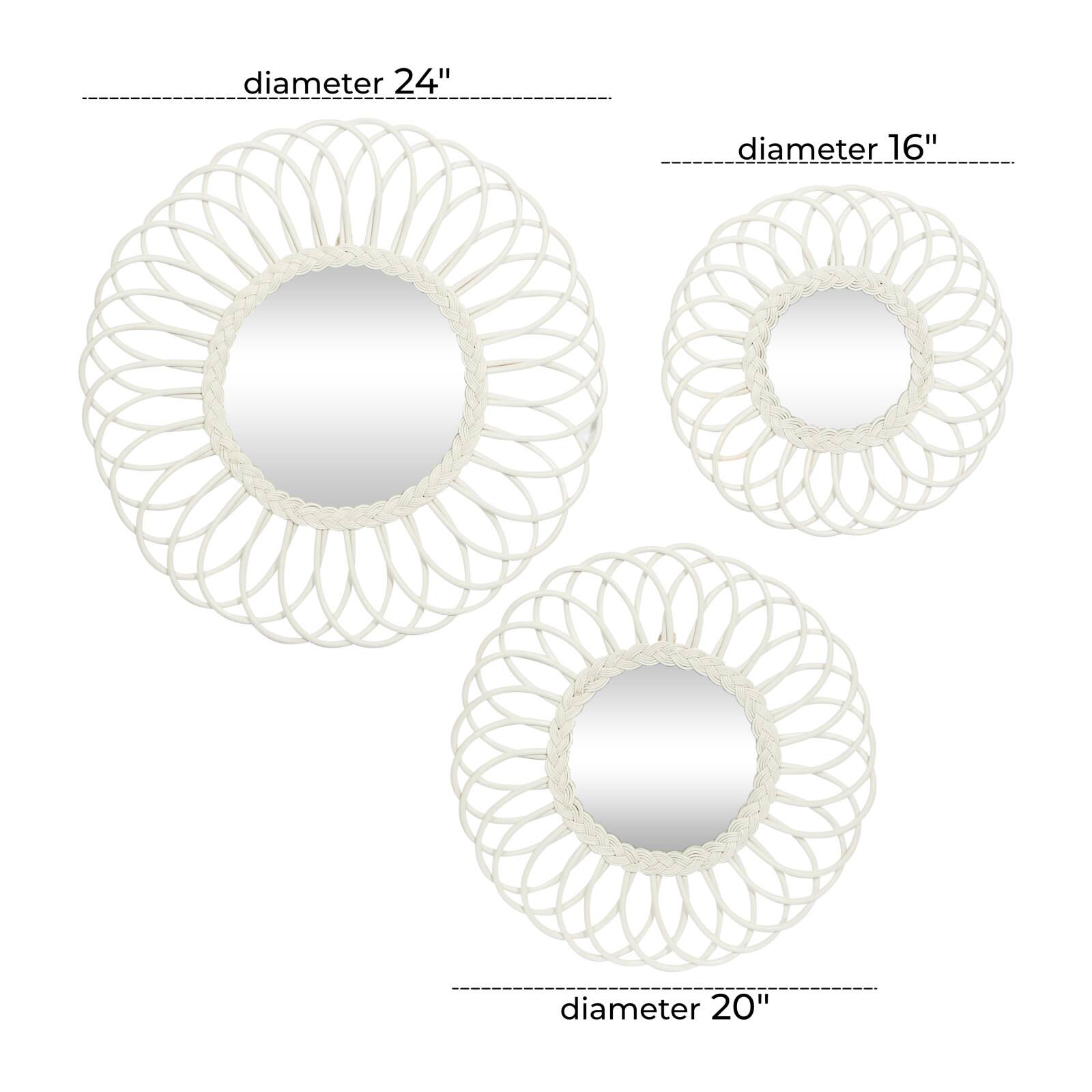 White Woven Rattan Round Wall Mirrors Set