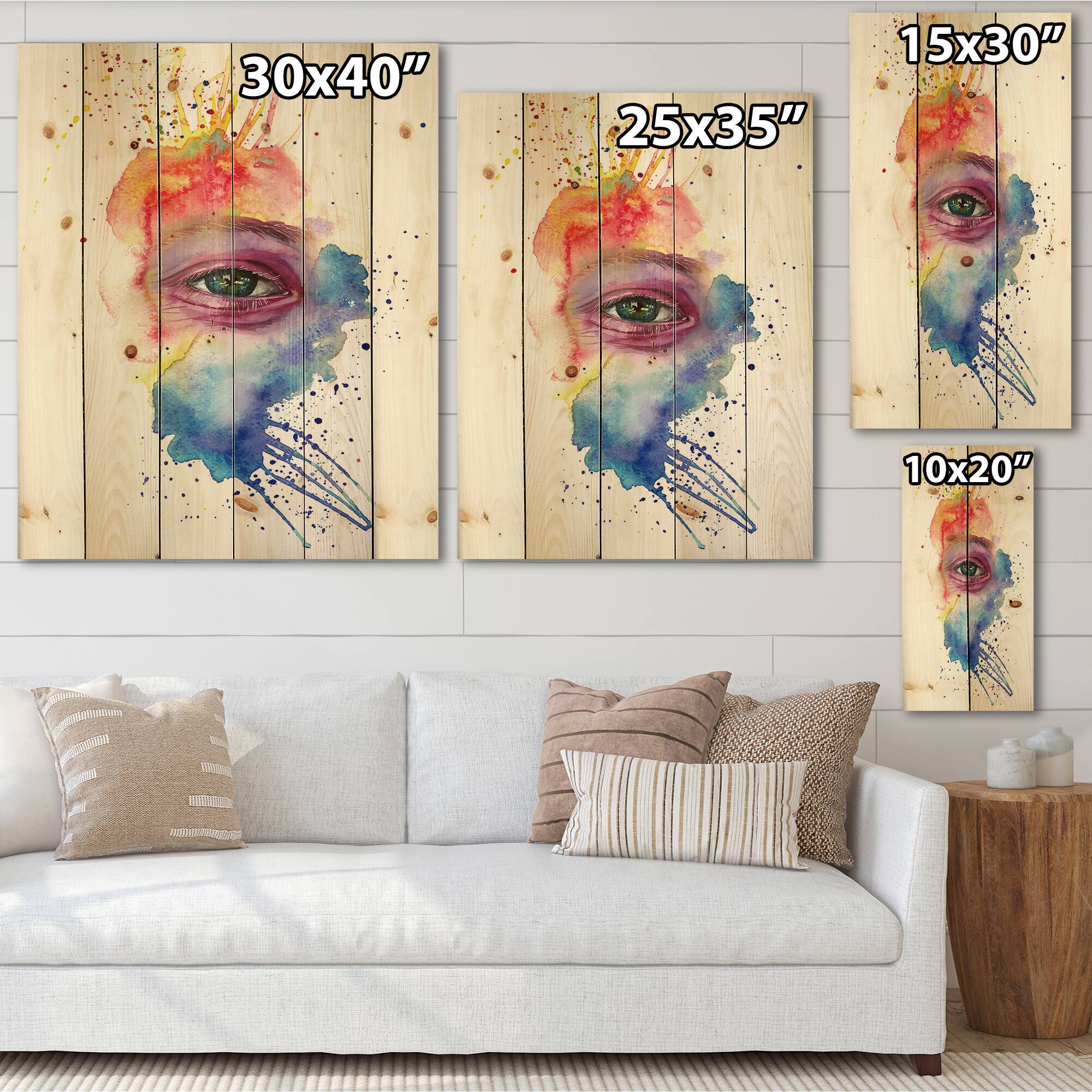 Designart - Detail of Eye In Multi-Colored Face Portrait - Bohemian &#x26; Eclectic Print on Natural Pine Wood