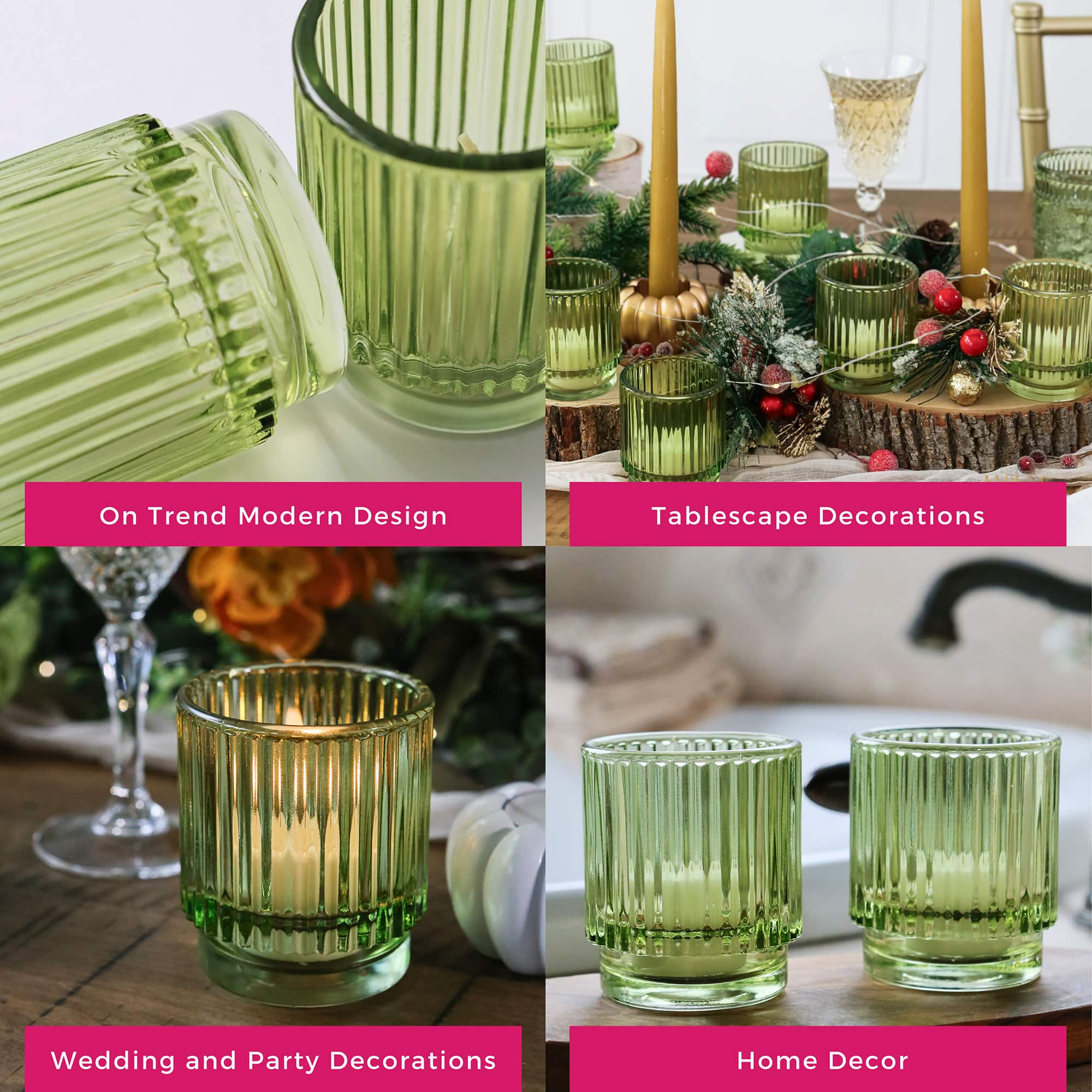 Kate Aspen Ribbed Green Glass Votive Candle Holder Set, 6ct.