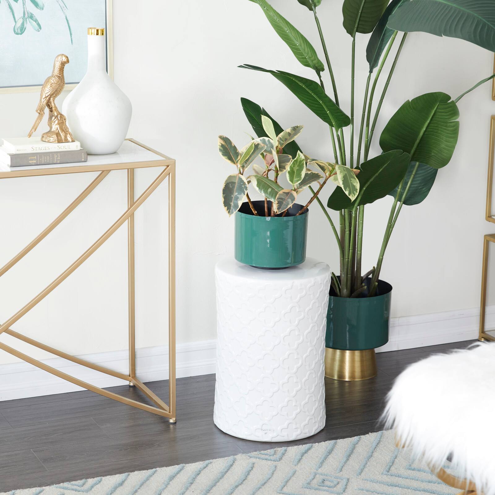 White Ceramic Contemporary Accent Table, 19&#x22; x 13&#x22; x 13&#x22;