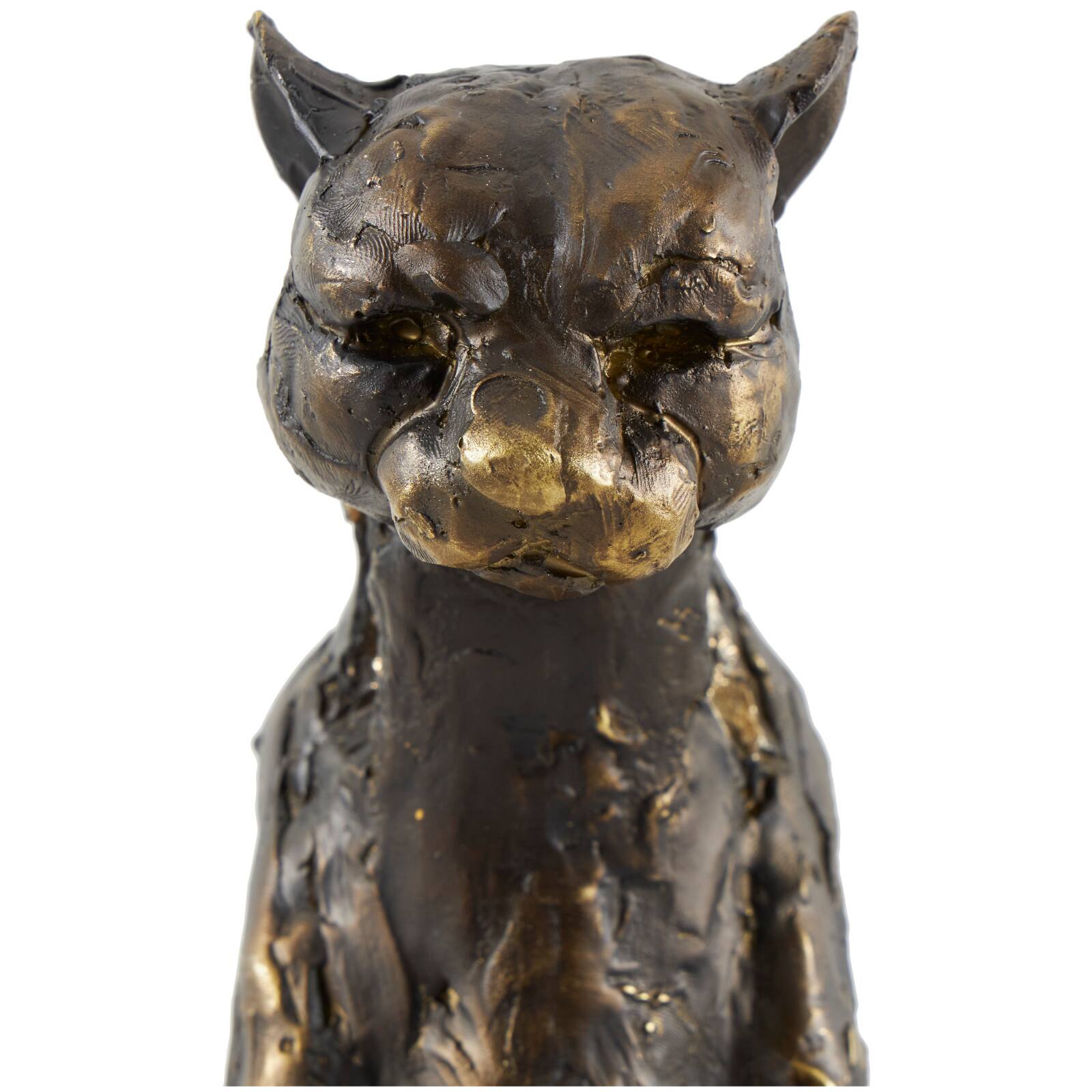 19" Bronze Polystone Distressed Textured Sitting Leopard Sculpture with Cutouts & Gold Accents
