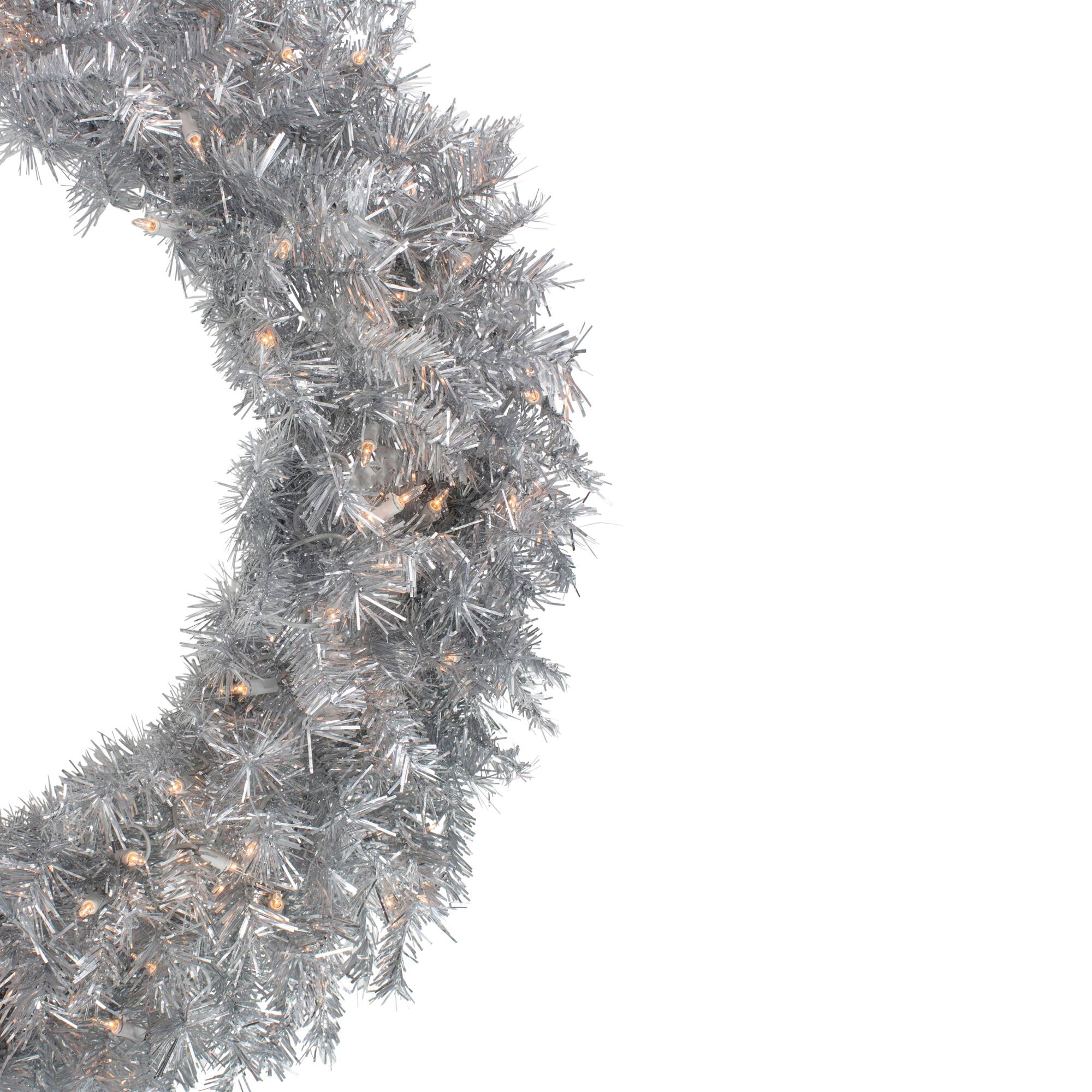 36&#x22; Pre-Lit Silver Tinsel Artificial Christmas Wreath
