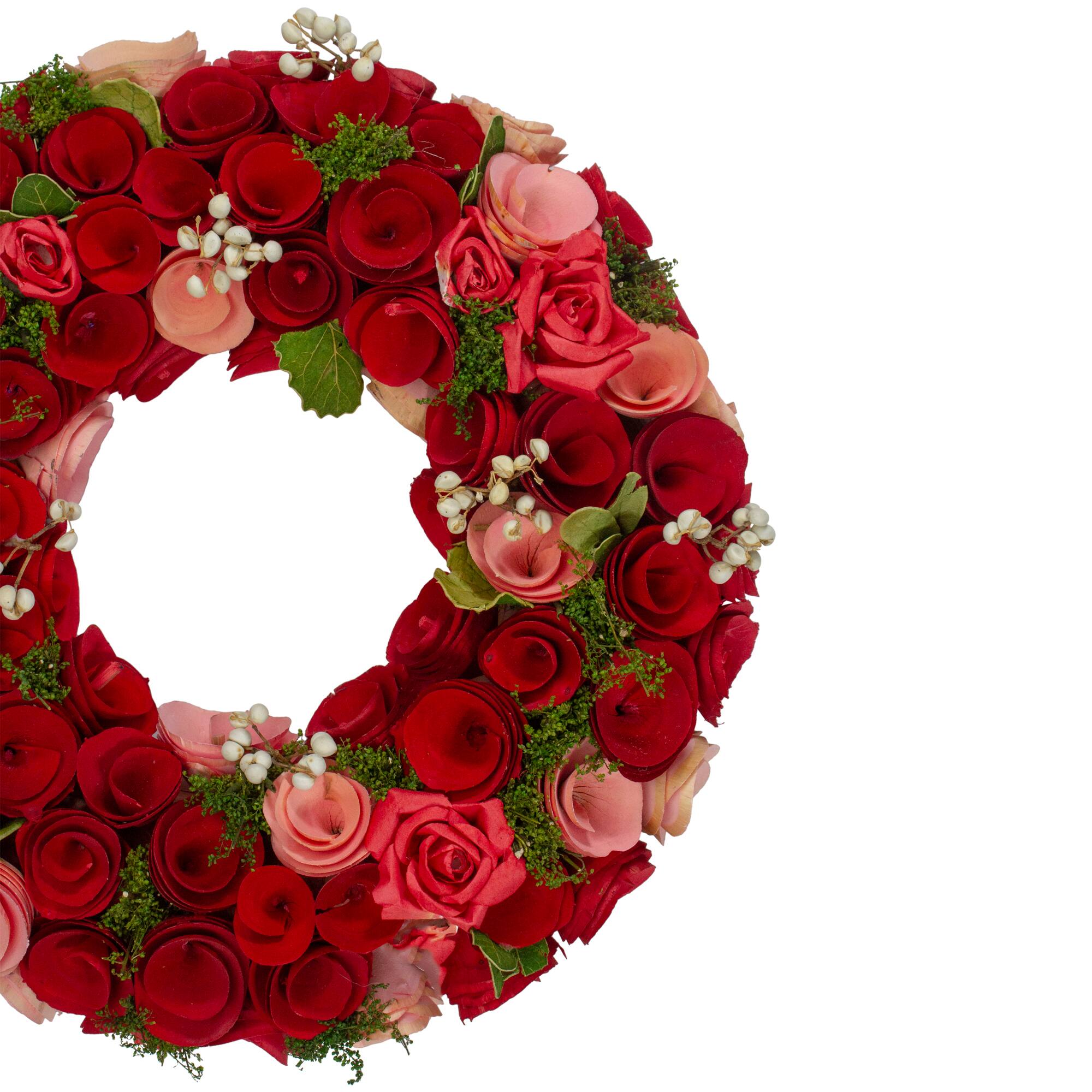 Red and Pink Wooden Rose with White Berries Artificial Wreath 12"